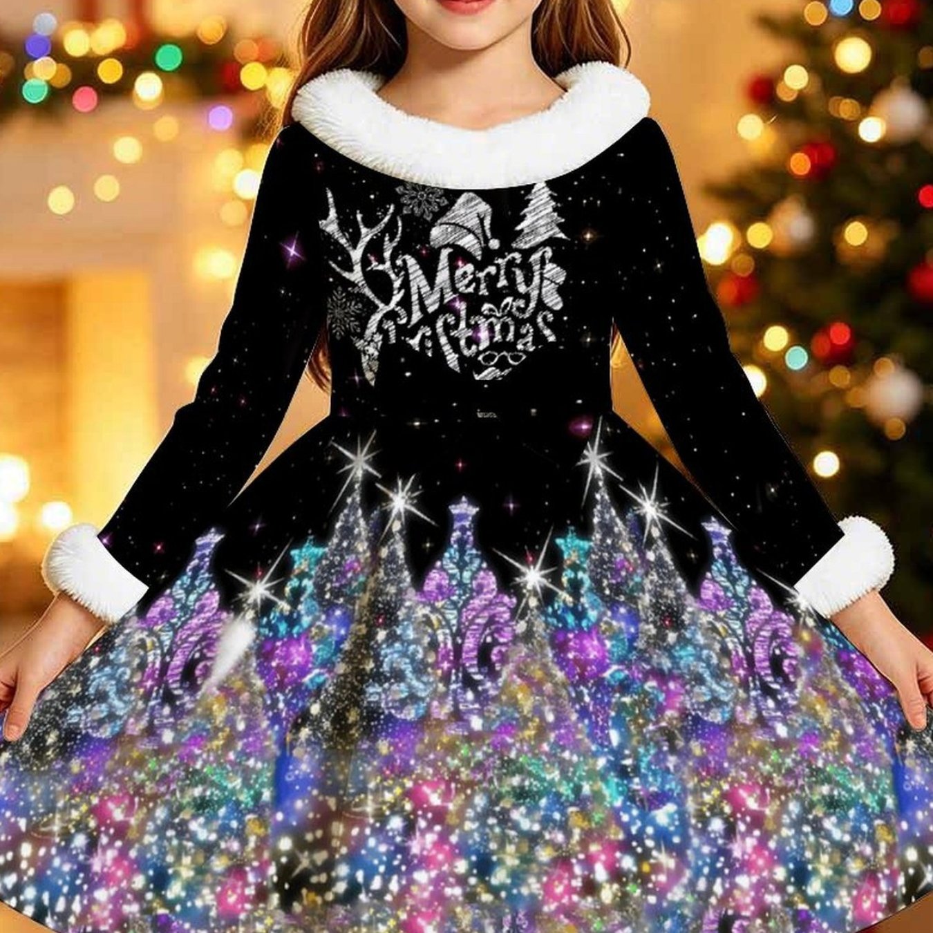 Image of Christmas Clothing, Girls' Long-sleeve Dress, Full Christmas Print, Cute Santa, Reindeer, And Snowman, Stylish And Casual Versatile Girls' Long-sleeve Dress With A Big Skirt And Collar