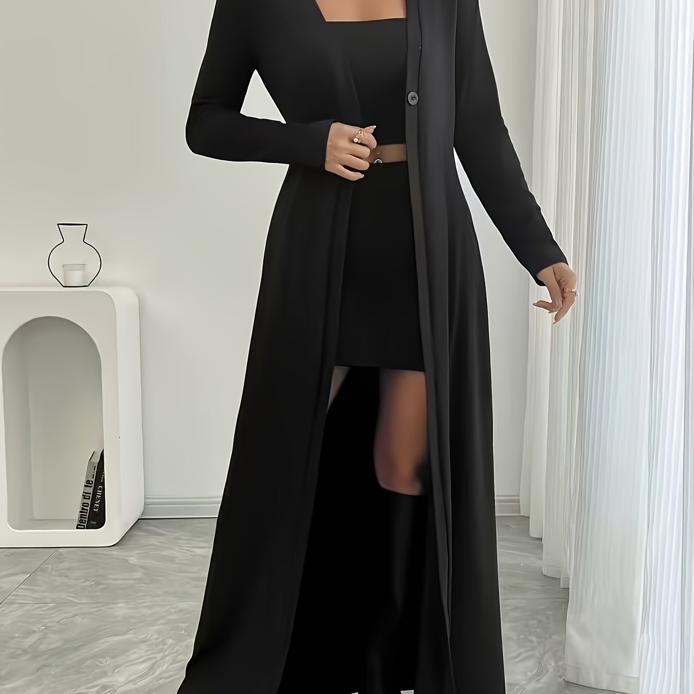 TEMU /autumn Women's European And Daily Solid Color Long Button-up Cardigan, Long Sleeve, Slim Fit, Casual Commuter Outerwear