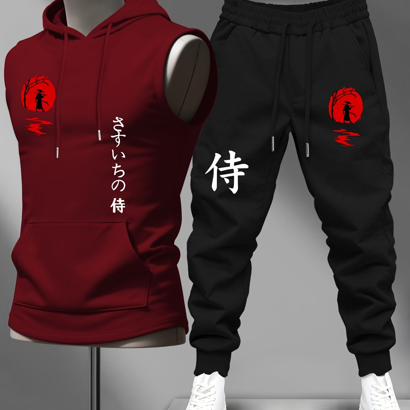TEMU Ensemble tendance pour homme : gilet de gym et pantalon long, thème japonais avec imprimé , décoration de badge rond, gilet d'entraînement à
