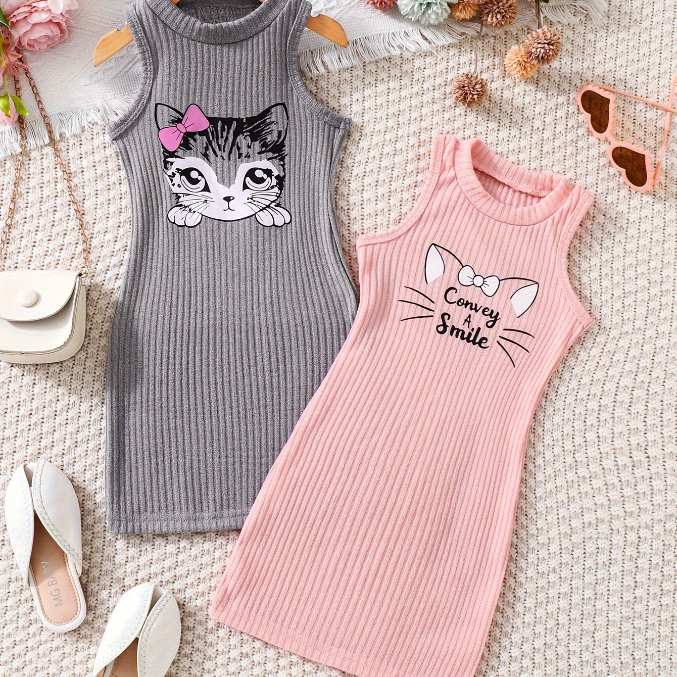 2pcs Cute Cat Print Sleeveless Casual Dresses For Girls