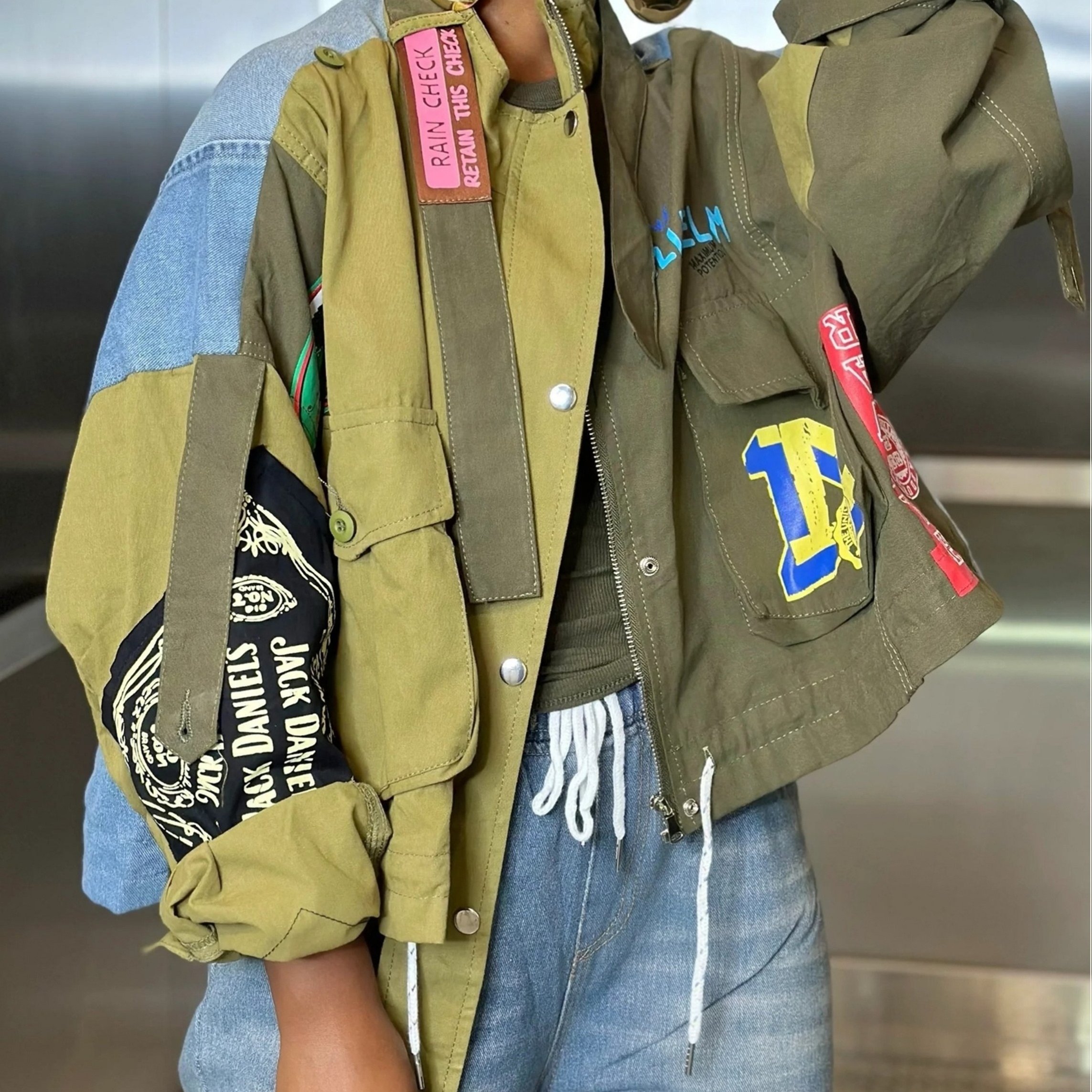 TEMU Women's Vintage Army Green Color-block Utility Denim Jacket Featuring Denim And Printed Bandana-style Patches; A Cropped, Multi-pocket, Loose-