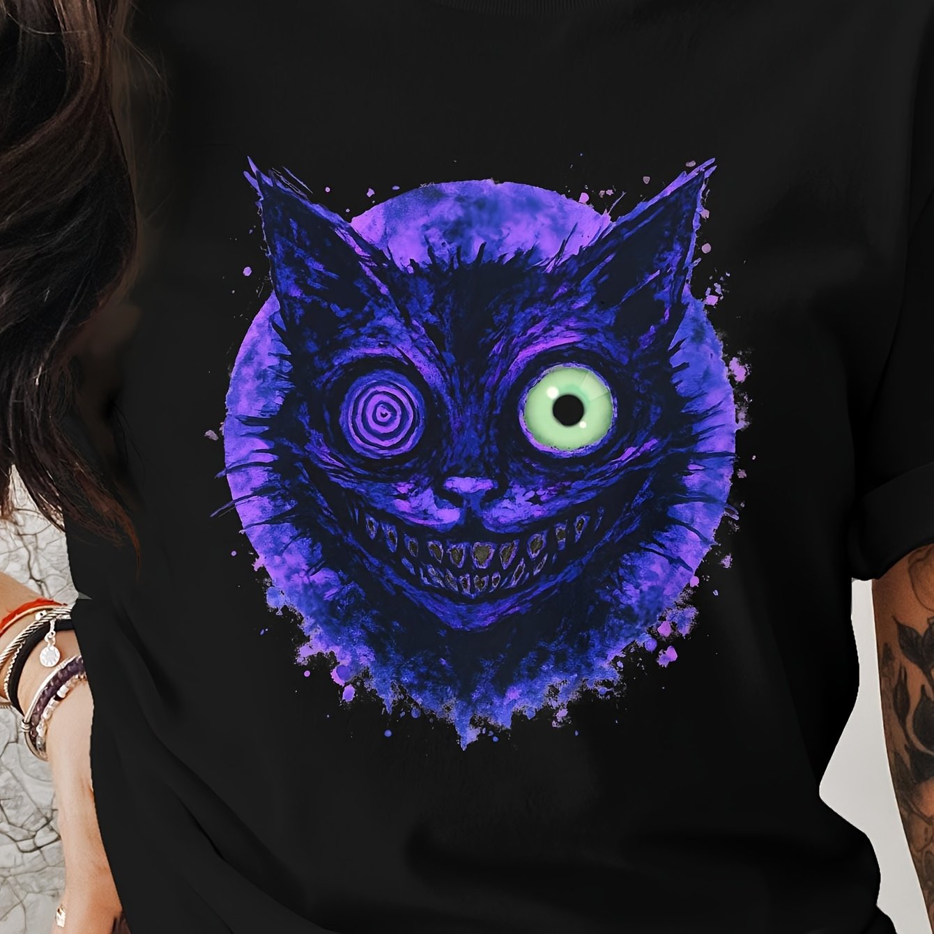 Grinning Cheshire Cat Print T-shirt Suitable For Fairy Tale Fans Ideal Goth Casual Wear Fit Black Crew 180g Pure T-shirt Sizes S To 3xl