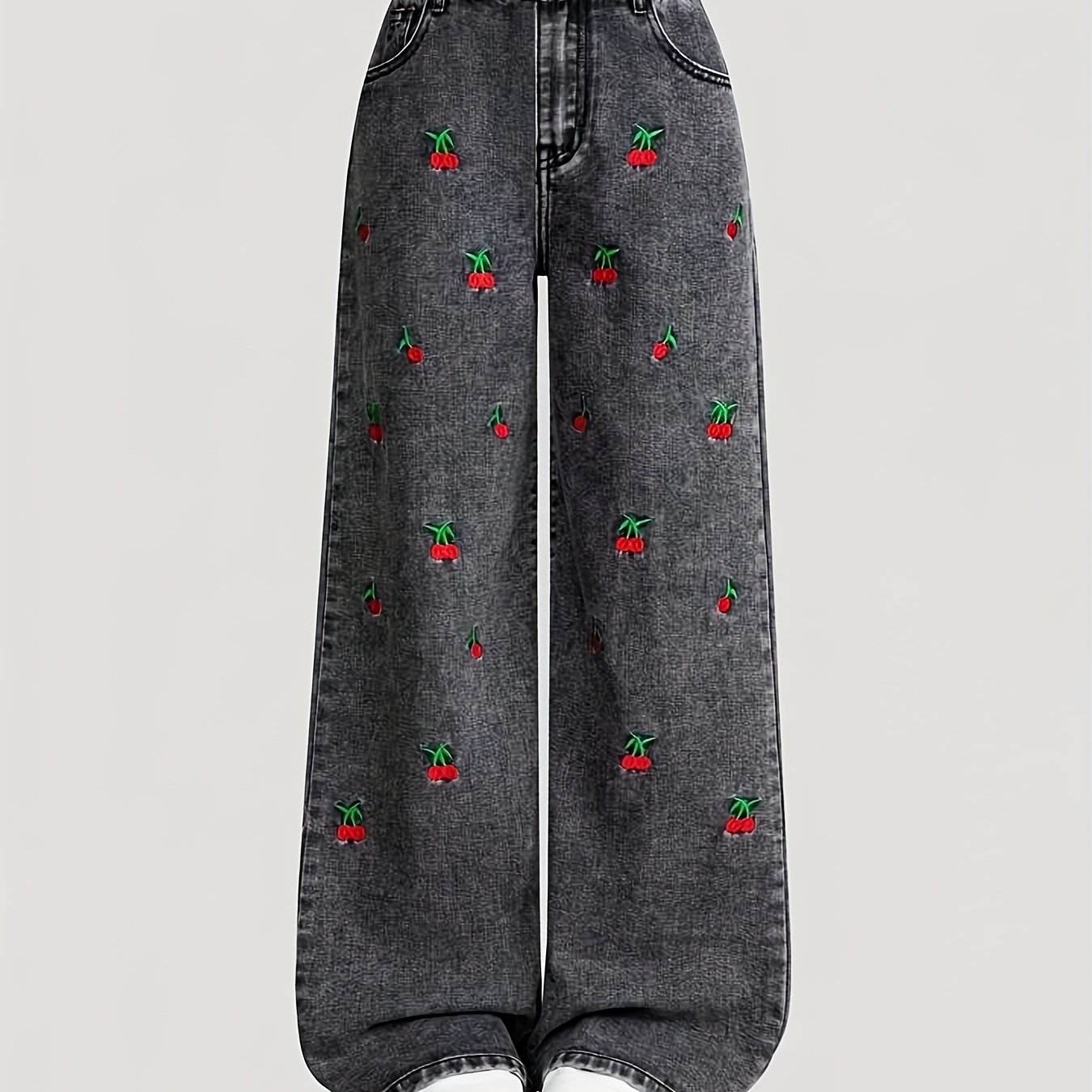 Girls' Denim Denim - Girls' Black Denim Trousers, Side-pocket Straight Leg Pants, Cherry Embroidery Design, Girly Cute, Suitable 5-15, Easter Gift Essential, Send To Family