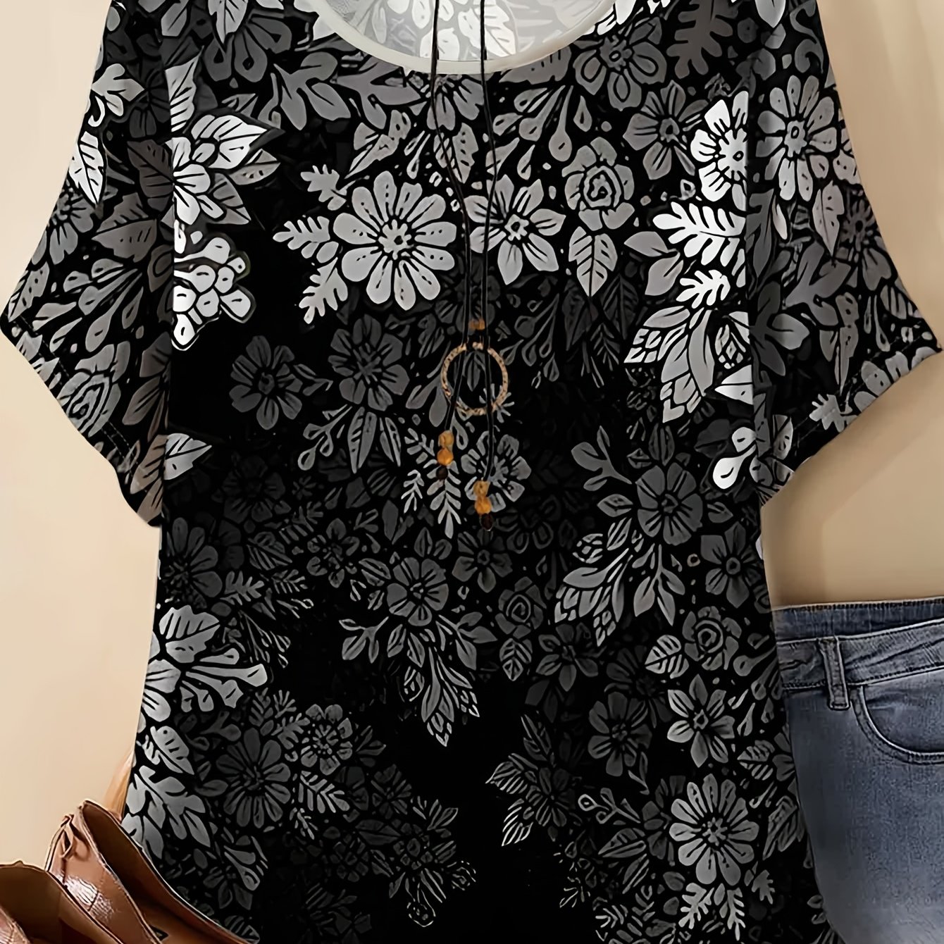 TEMU Haut ample noir imprimé grande taille pour femmes, T-shirt d'été à manches courtes pour femmes, Design floral élégant, Style polyvalent et