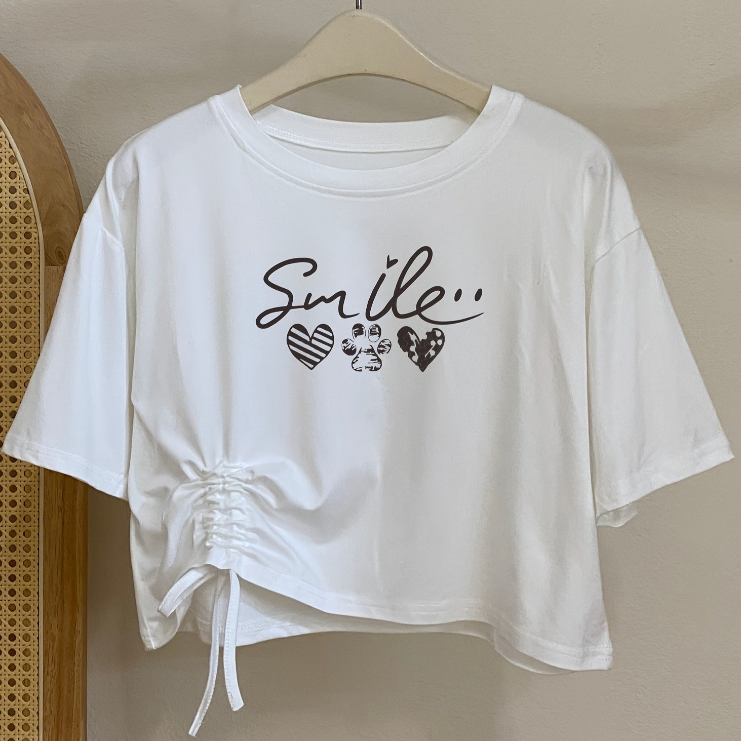TEMU 1pc Of New Women's Printed Letter Drawstring Short Round-neck T-shirt