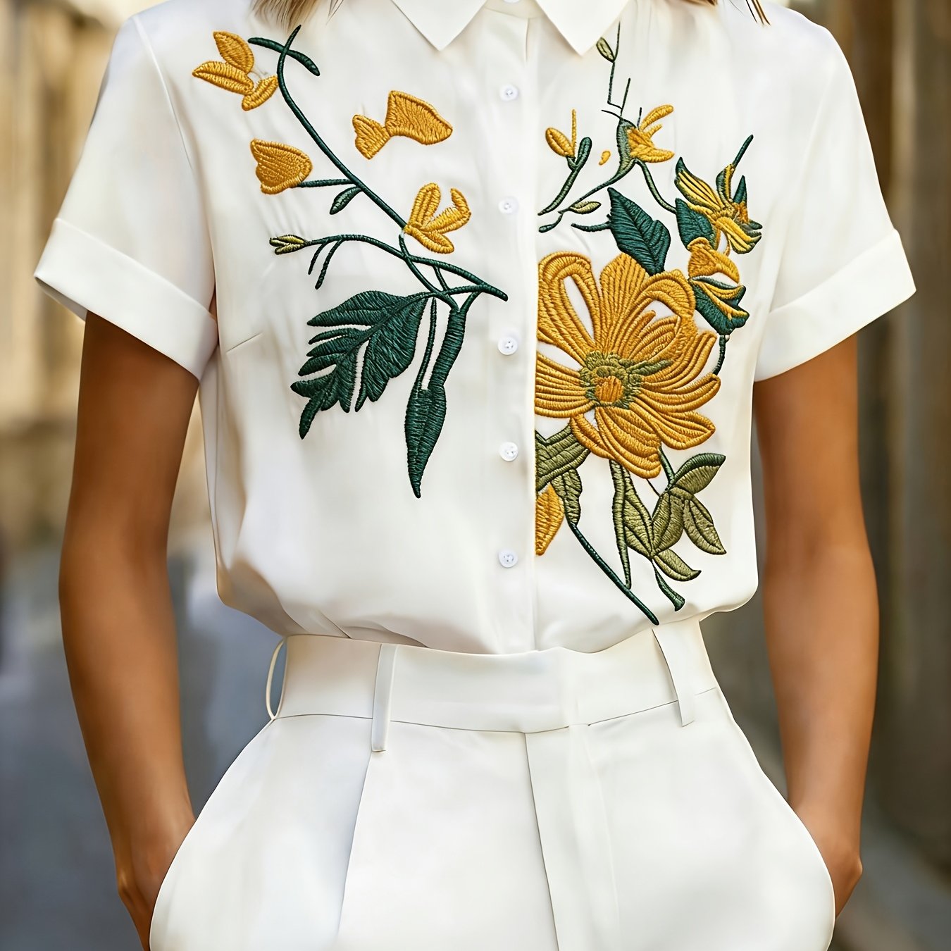 E-shop Casual Design Vielseitiges Elegantes Besticktes Kurzarmhemd, Exquisites Besticktes V-Ausschnitt Top, Damenbekleidung
