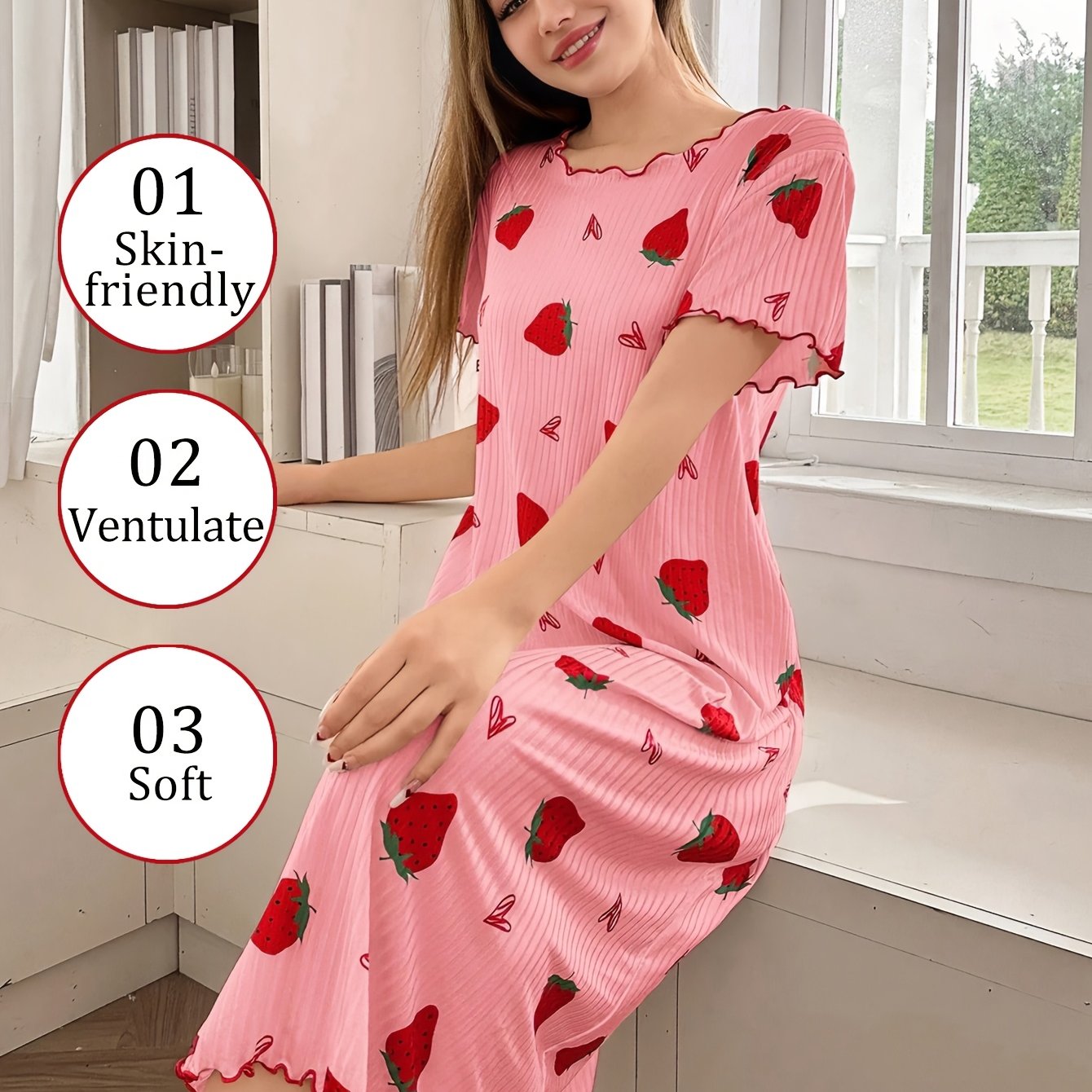 TEMU Women's Round Neck Casual Strawberry Heart Print Short Sleeve Nightgown, Cozy And Elegant Details