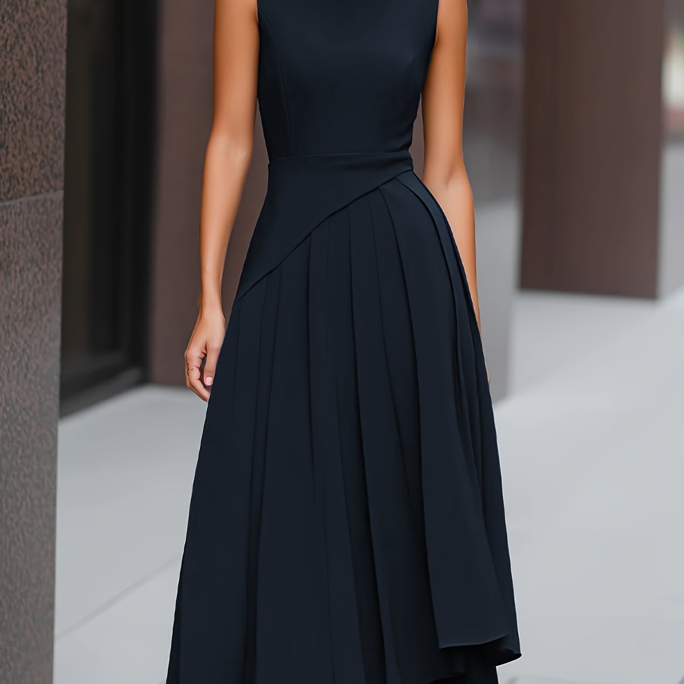 E-shop 2026 Frühling/Sommer Neues Elegantes Damen Ärmelloses Asymmetrisches Faltenkleid Dunkelblau Temperament Slim Fit Mid-Length Kleid 1 [Niannian]