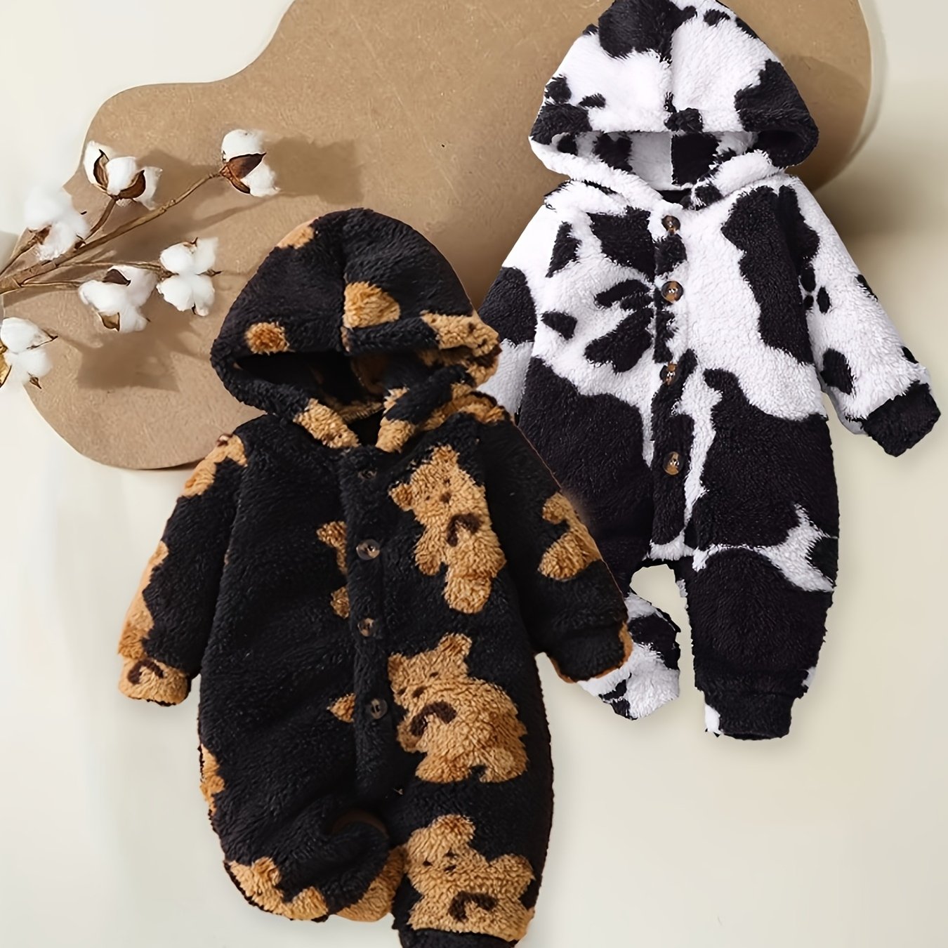 2pcs Boys' Winter Warm Plush Hooded Jumpsuit & Snowsuit Set Soft Long Sleeve Outfit Machine Washable Cozy Playwear Ideal For Outdoor,halloween