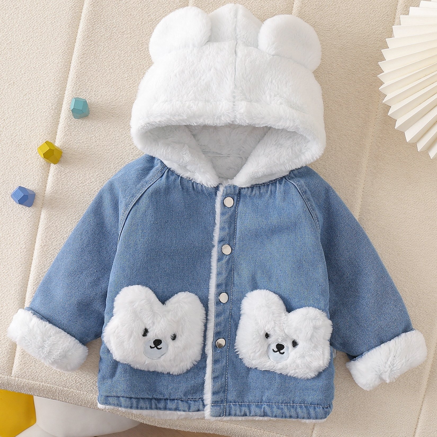 1pc Embroidered Bear Pocket Denim Fleece Jacket, Pink White Optional, Kids' , Fall Winter Thickened Fleece, Autumn Essentials