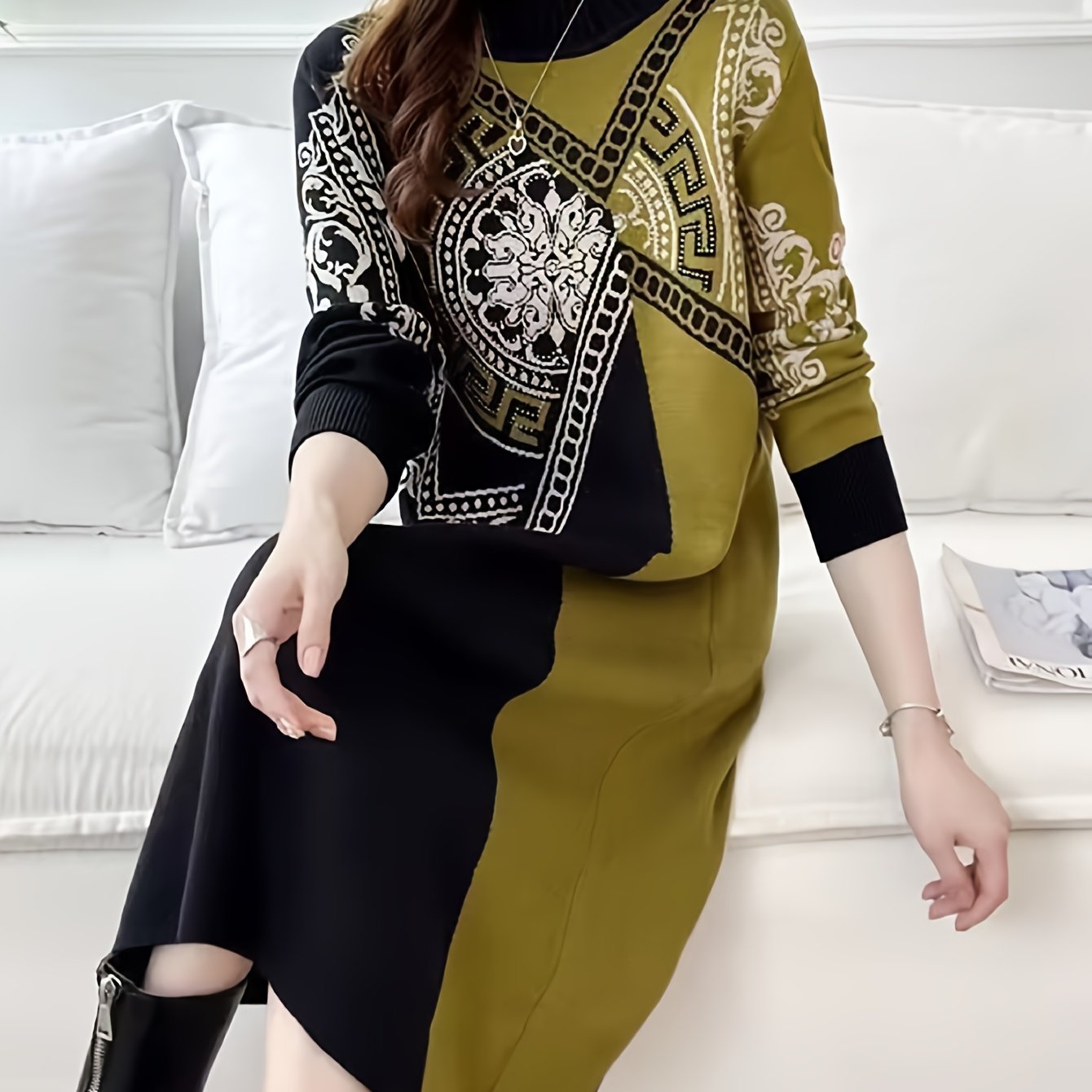 TEMU Plus Size, Autumn/ High-end Midi Dress, Stylish New Sweater Dress, Elegant And Fashionable, Warm For Commuting