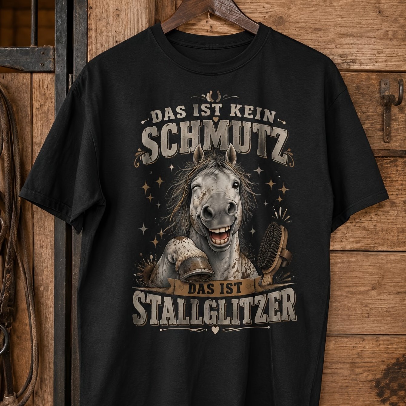 Image of Horse T-shirt Suitable For Horse - Soft Cozy Equestrian Shirt With Stable Glitter Horse Print, Short Sleeve Round Neck Casual Top, Machine Washable For Wear For Riding & Stable Outfits