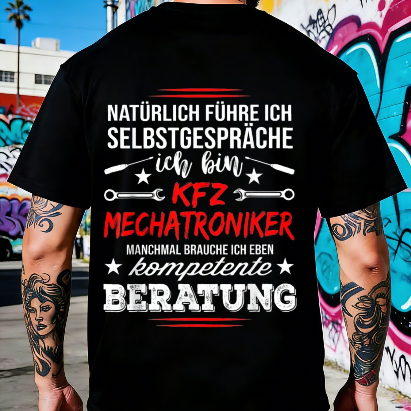 Black T Shirt With German Text And Tools Graphic For Mechanic And Mechatronics Professional Workwear