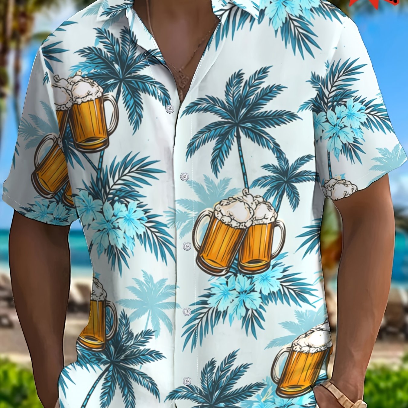 TEMU Beer And Palm Tree Pattern Print Shirt, [print Design â Not Textured/embroidery/sequins/flat Print T-shirt, No Additions Included/white
