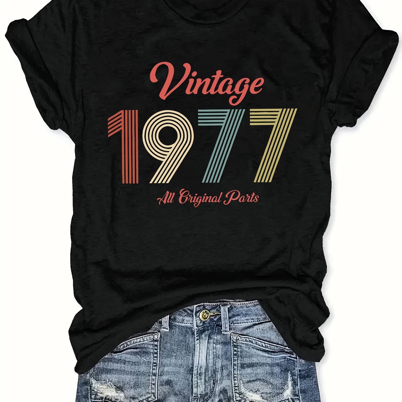 TEMU Maglietta Stampata Vintage 1977, Maniche Corte, A Giro, Top Casual Per L'estate E , Abbigliamento Da Donna