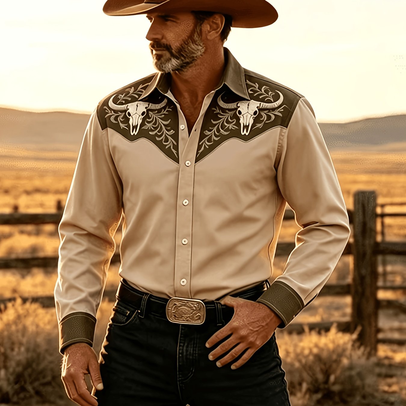 TEMU Men's 3d Autumn/winter Shoulder, Collar, And Cuff Vine Floral And Bull Skull Lapel Long Sleeve Shirt, White Buttons, Double Breast Flap Pockets,