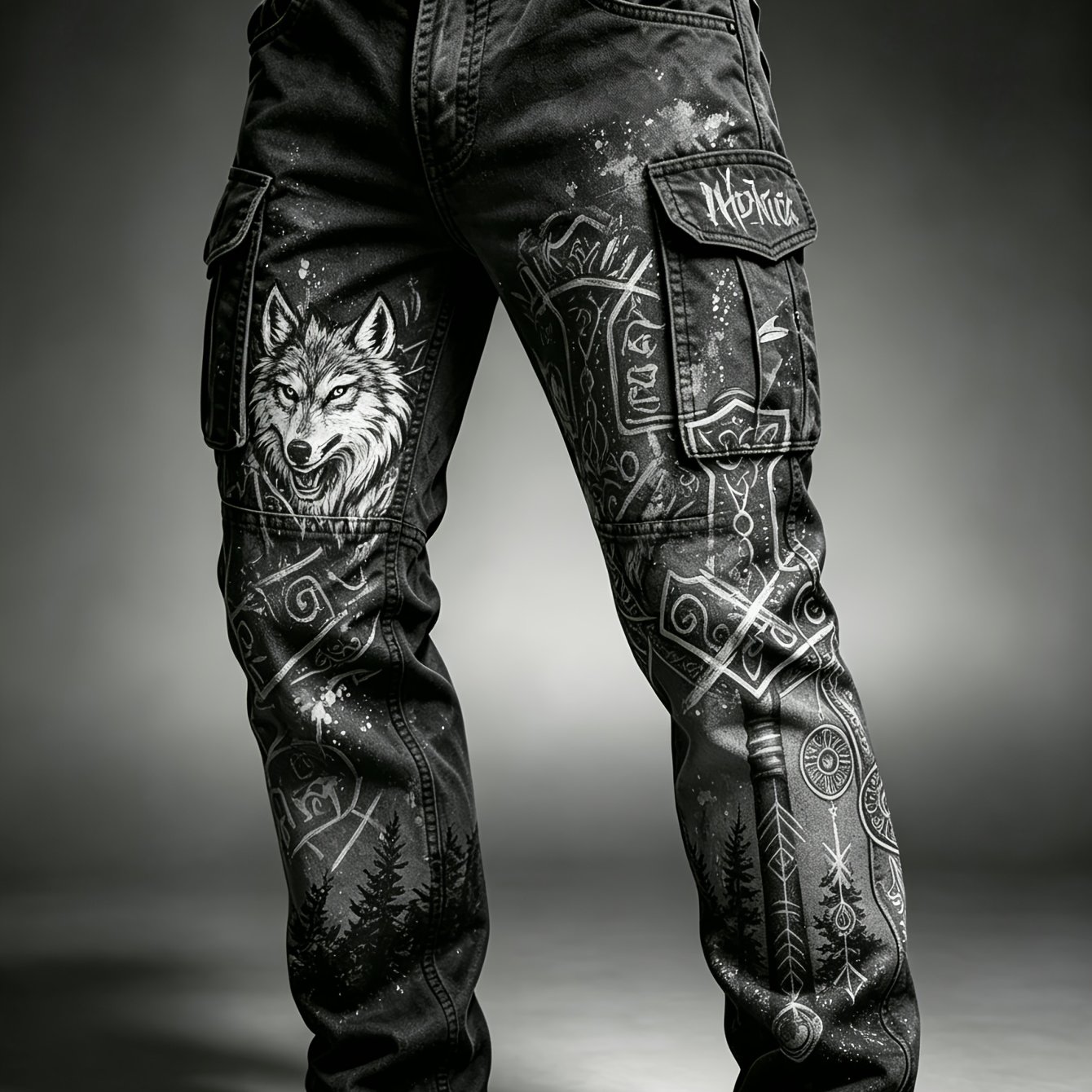 Image of Men's Cargo Pants Head Celtic Knot Forest Morrigan Multi-flap Pockets Halloween Outdoor Wear Camping Hiking Durable Wear-resistant Straight Leg Belt Not Included