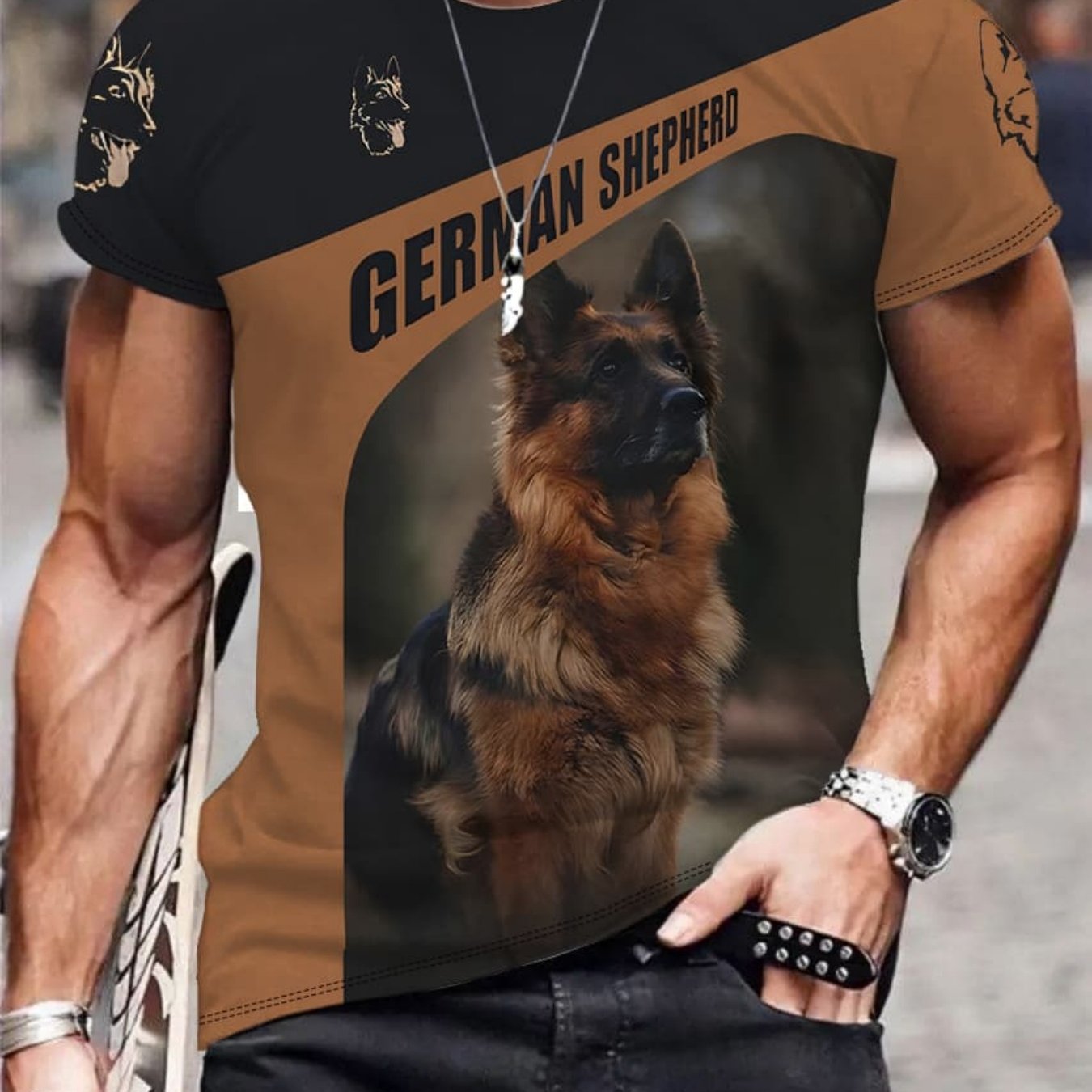 TEMU Men's Fashion Short-sleeve T-shirt Featuring A German Shepherd Print, A Unique Casual Top With An Animal Design, Perfect For Summer Trends And