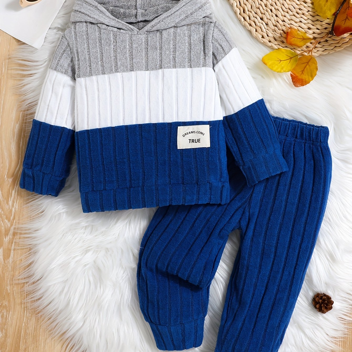Image of Boys' 2pcs Set, Hooded Fleece Soft Ribbed Top And Fleece Ribbed Long Pants, Fashionable Outerwear, For Outdoor, Christmas, Halloween