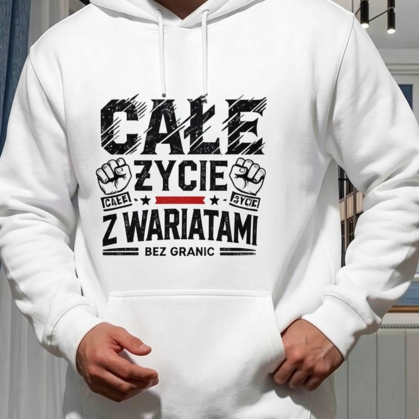 Image of Men's Polish Quote Hooded Sweatshirt "cale Zycie Z Wariatami Bez " Hoodie - Polish Text Pullover With Kangaroo Pocket, Long Sleeve Casual Streetwear Suitable For Fall Winter, Daily Wear & Travel