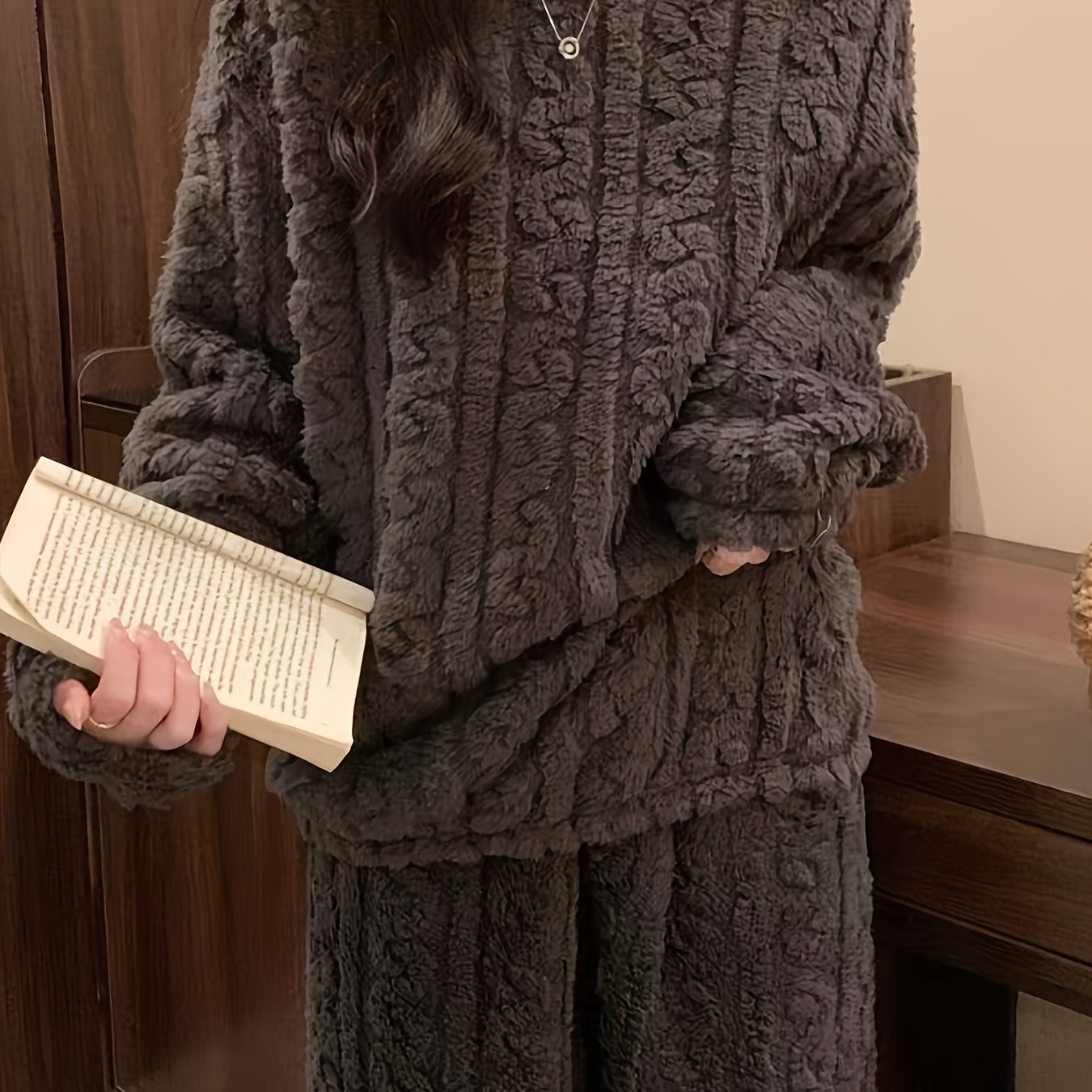 TEMU Ensemble 2 pièces de pyjama pour femmes, couleur unie, décontracté, en polaire épaisse, intérieur, automne/hiver