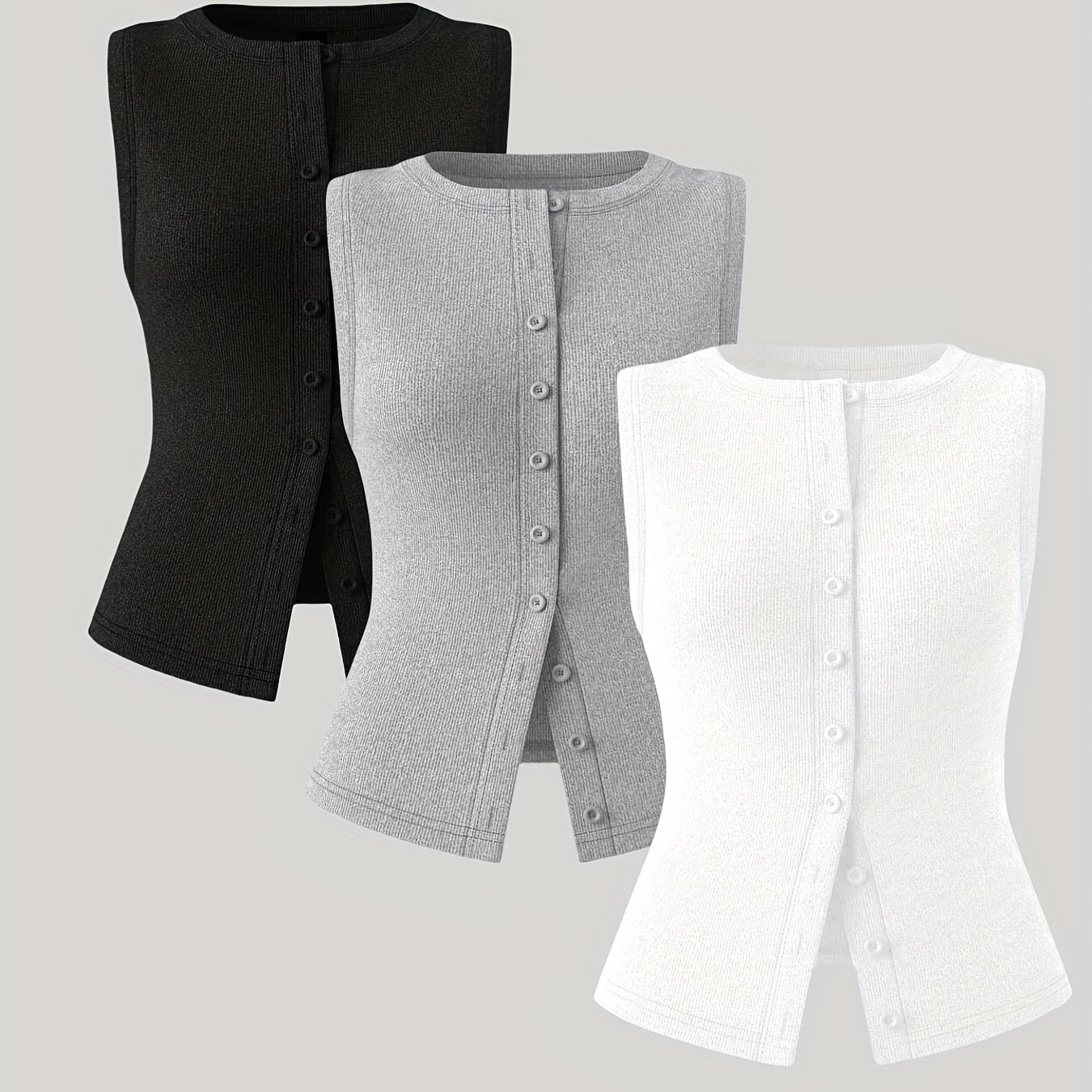 TEMU Western Spring Summer Autumn Solid Elegant Casual Button-up Cardigan Women's Vest 3pcs Set