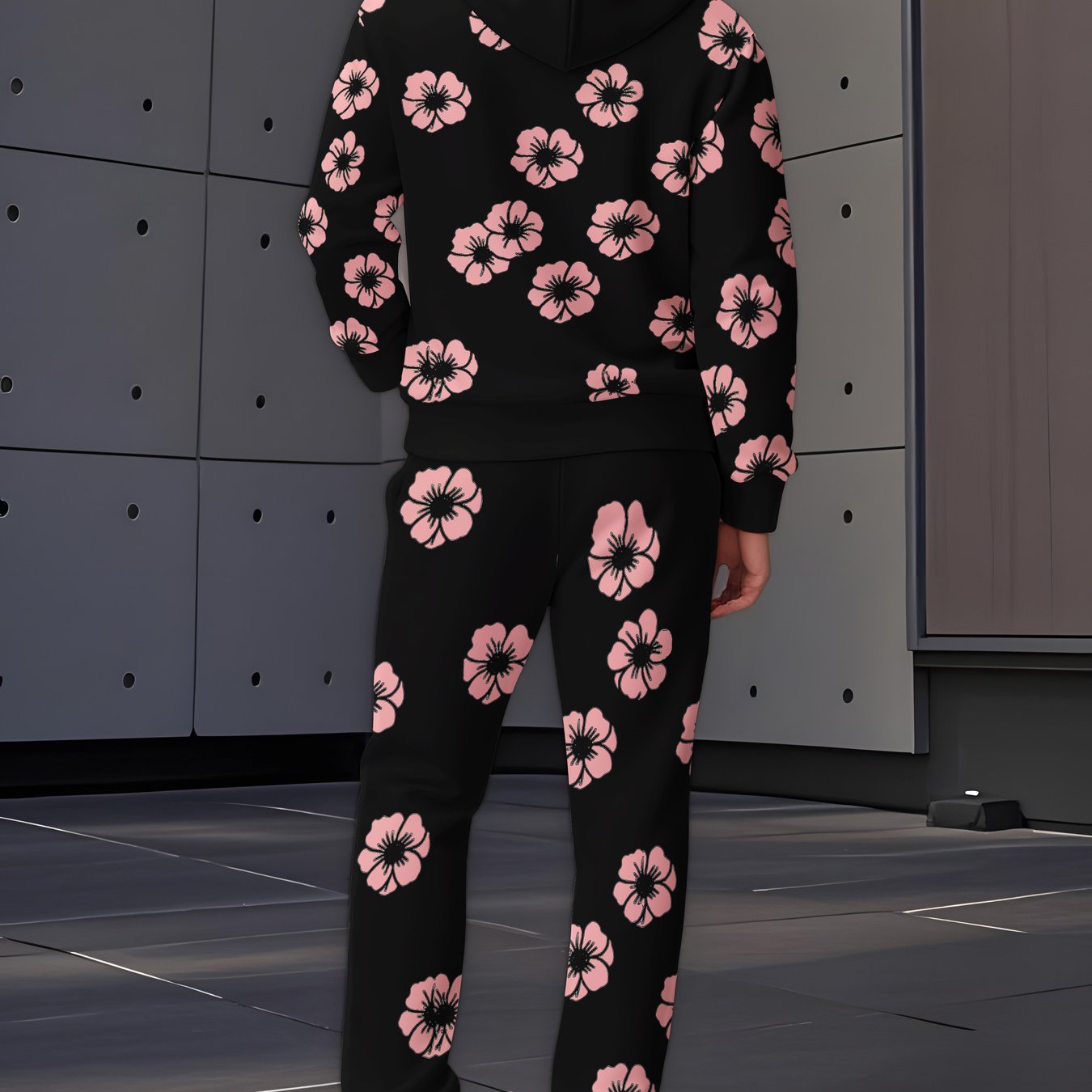 TEMU A Stylish Two-piece Set Consisting Of A Hooded Sweatshirt And Long Pants For Men And Women, Featuring A With Pink Floral Prints, Perfect For