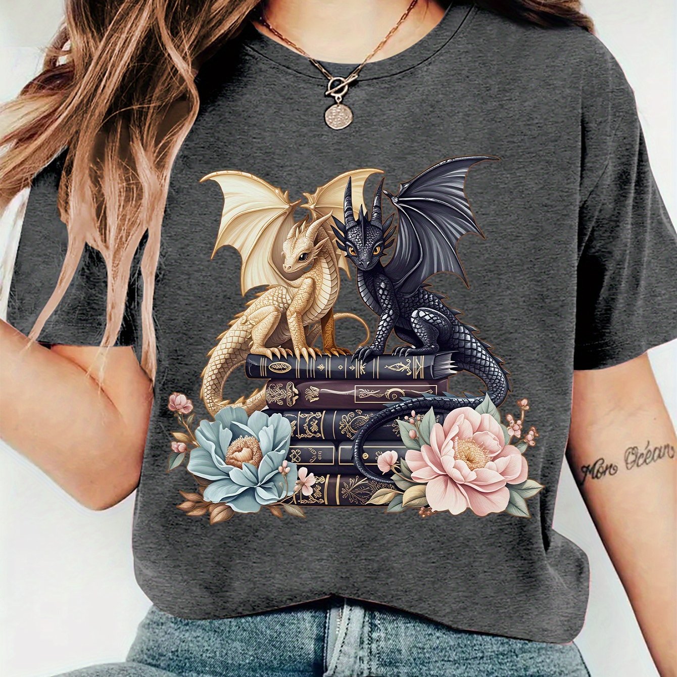 TEMU Women's Winter Wear Twin Dragon Print Round Neck Short Sleeve T-shirt, Comfortable Soft Fashionable Elegant Vintage Casual Versatile Spring