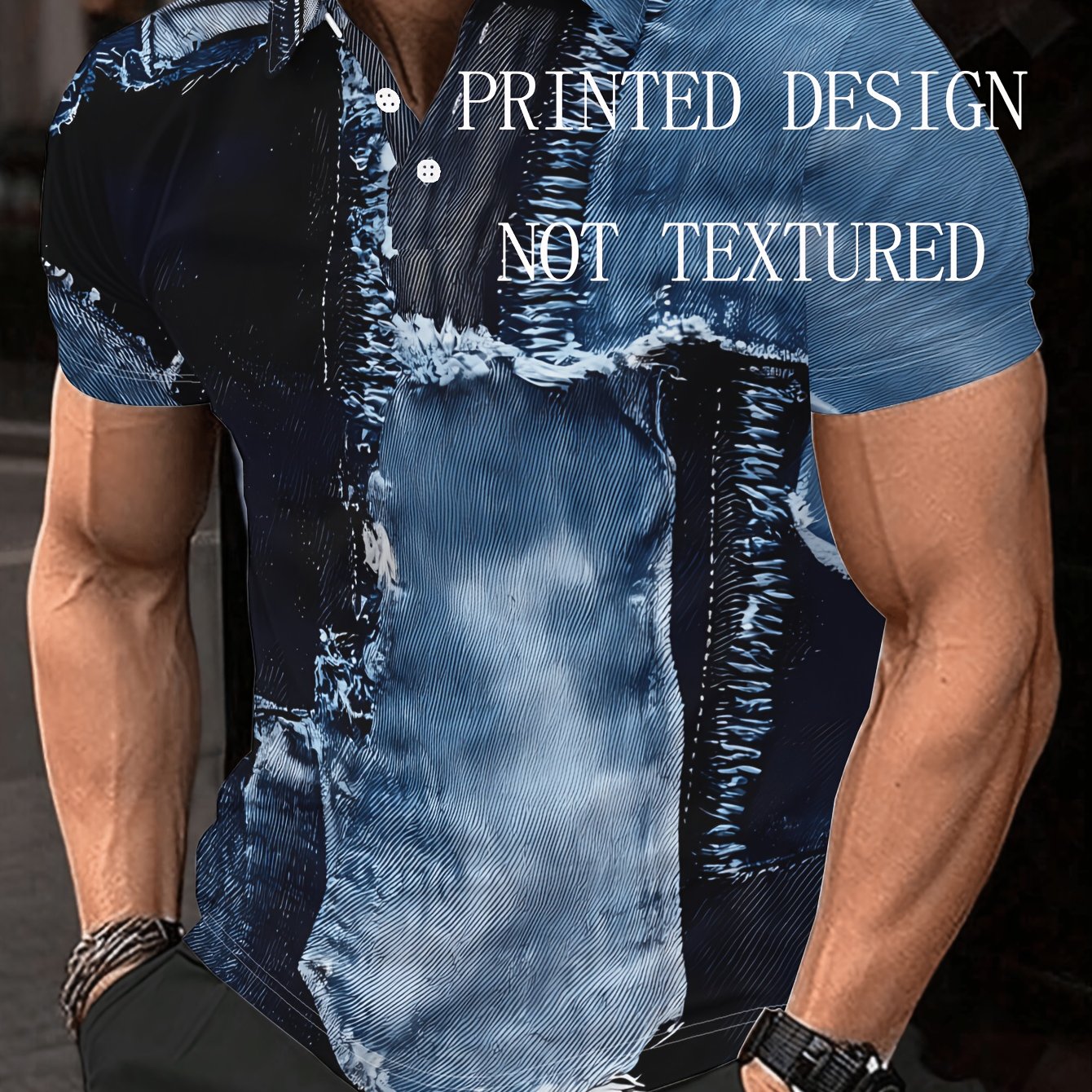 TEMU Camiseta polo casual de manga corta para hombre con patchwork de de mezclilla en múltiples paneles azul y , bordes desgastados y estampado de