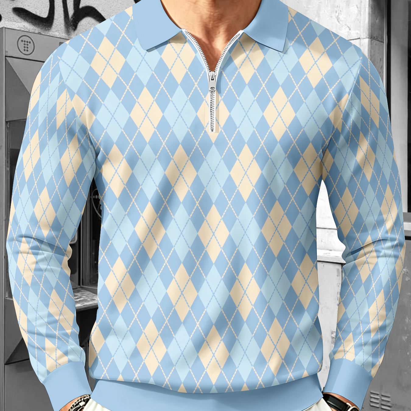 TEMU Men's Lapel Half-zip Shirt, Geometric Stripe Vintage Style Casual Top, Suitable For Spring And Autumn Wear, Gift For Boyfriend