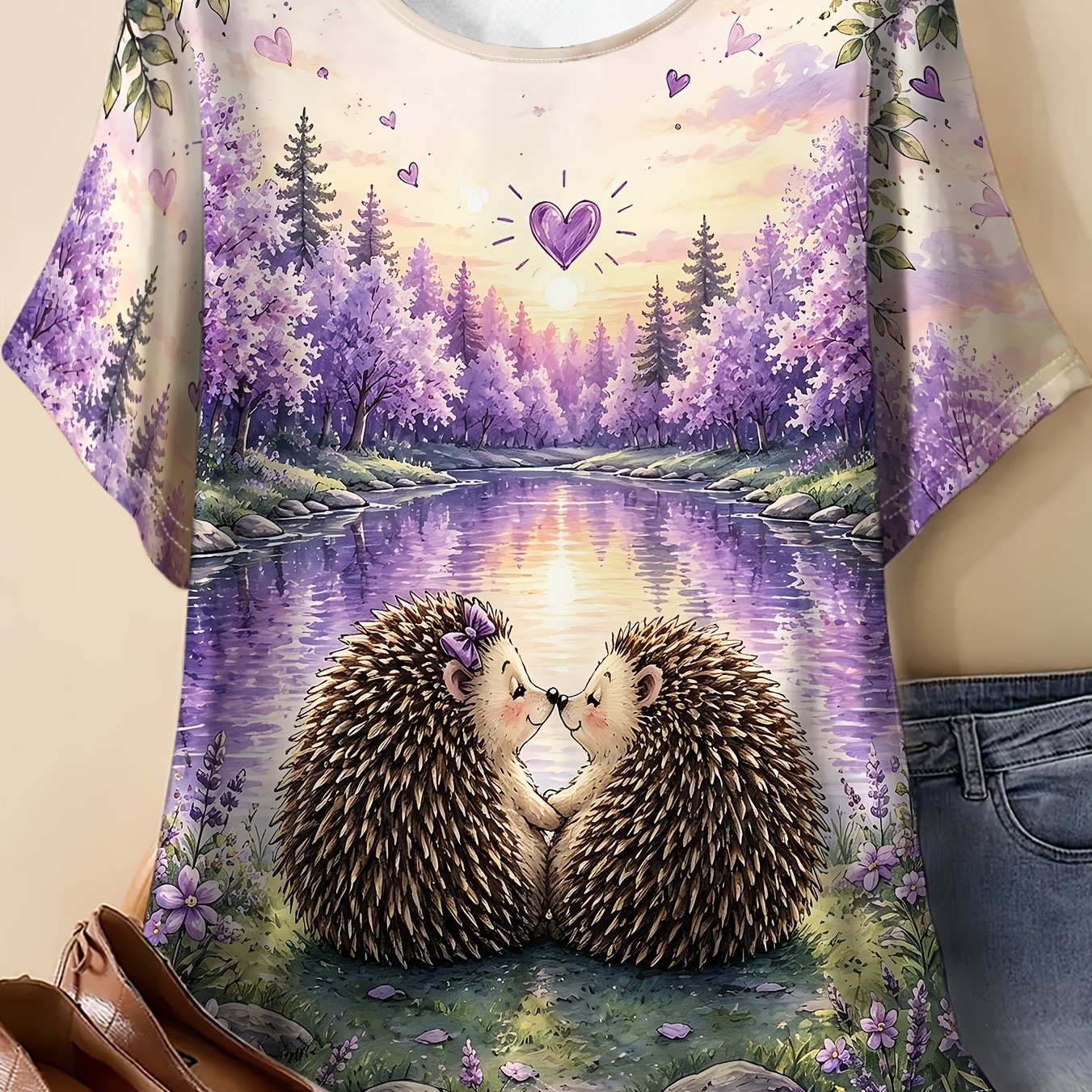 TEMU Women's Summer Plus Size Round Neck T-shirt, Hedgehog Forest Watercolor Print