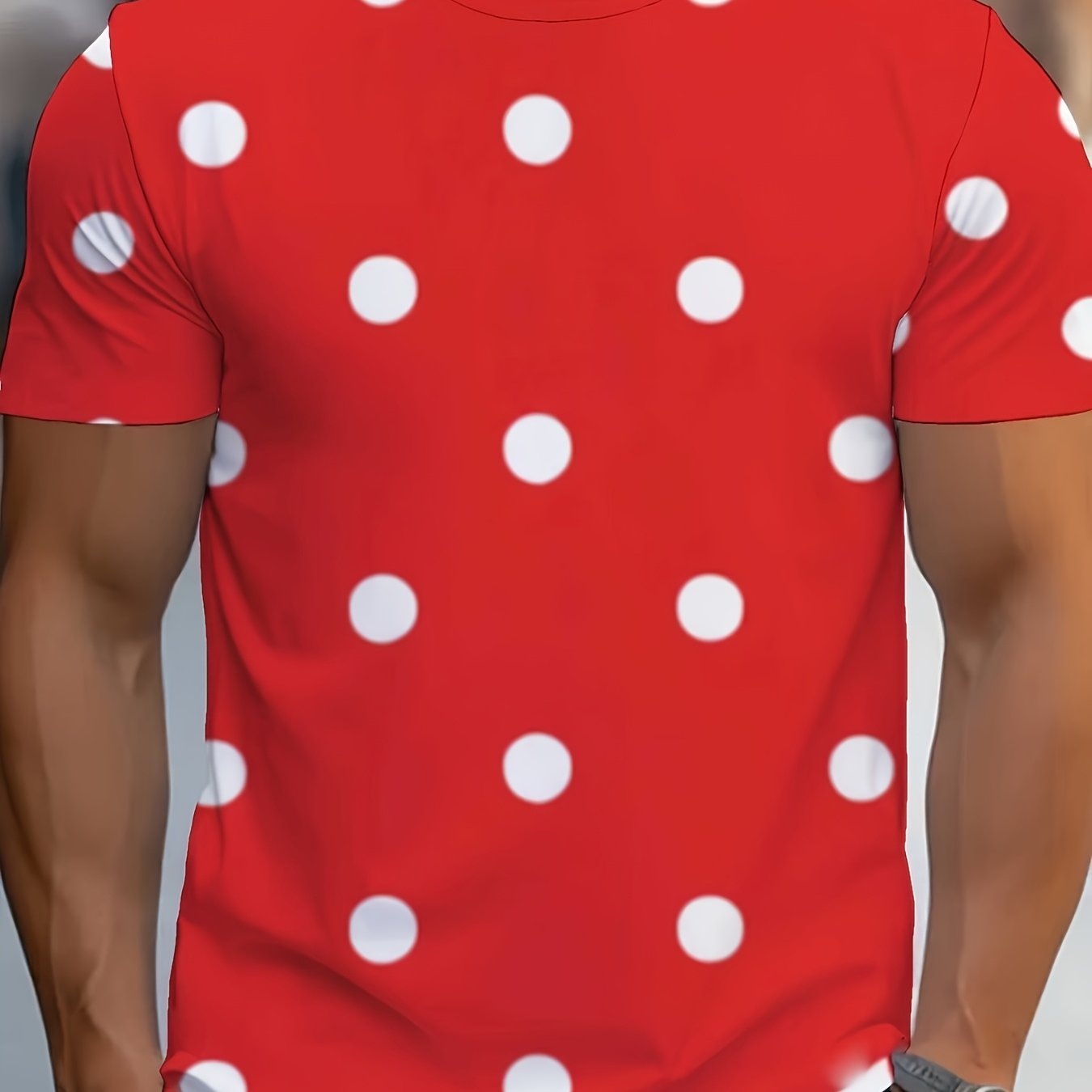 TEMU Men's Print Red And White Polka Dot T-shirt - White Polka Dots, Seamless Crew Neck Casual Summer Top, Breathable Short Sleeves Suitable For