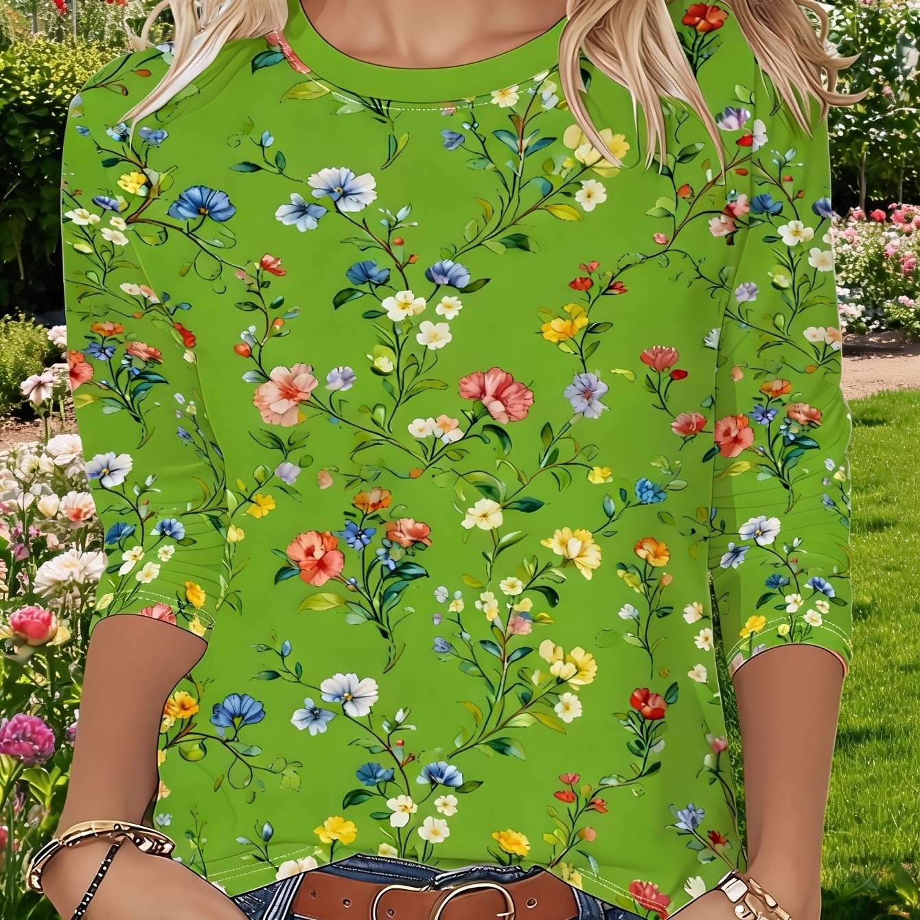 TEMU Retro Color Full Body Pattern Fashion Spring Autumn Trendy Women's Top Women's Round Neck Long Sleeve T-shirt - 085