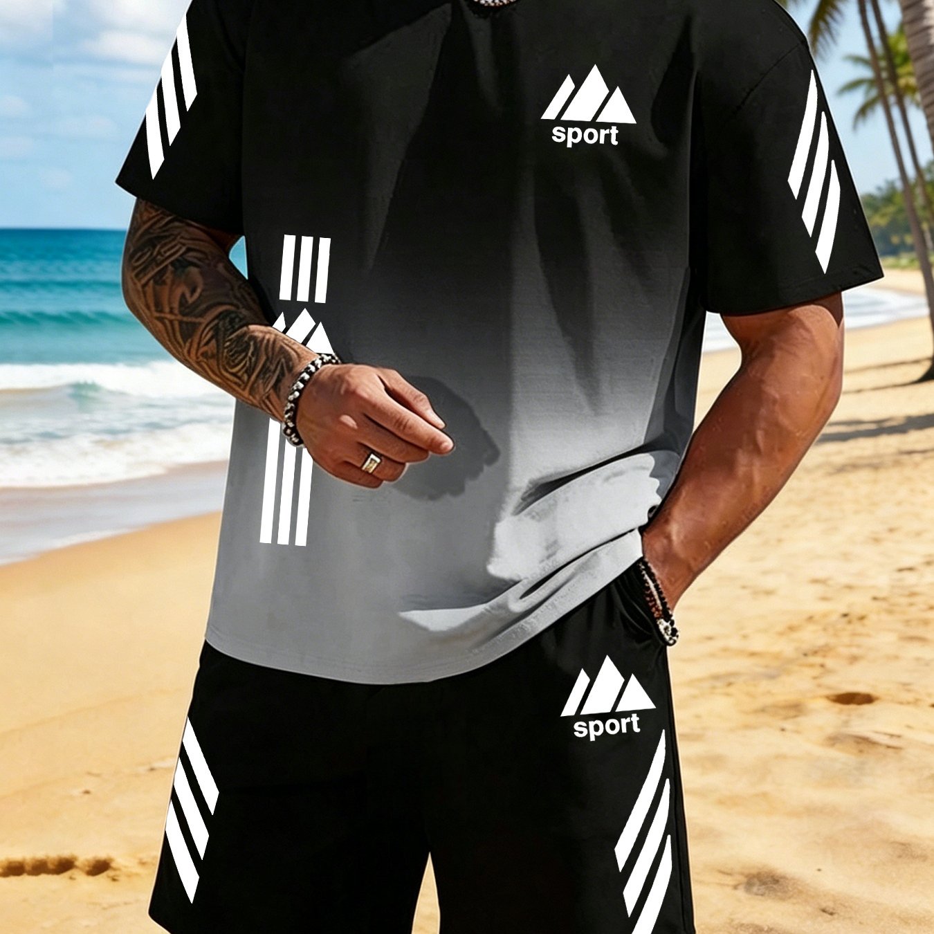 TEMU Printed Design â Not Textured: Plus-size Men's T-shirt Casual Set, New Summer Style For Men, Gradient Short Sleeve And Shorts Sportswear Set,