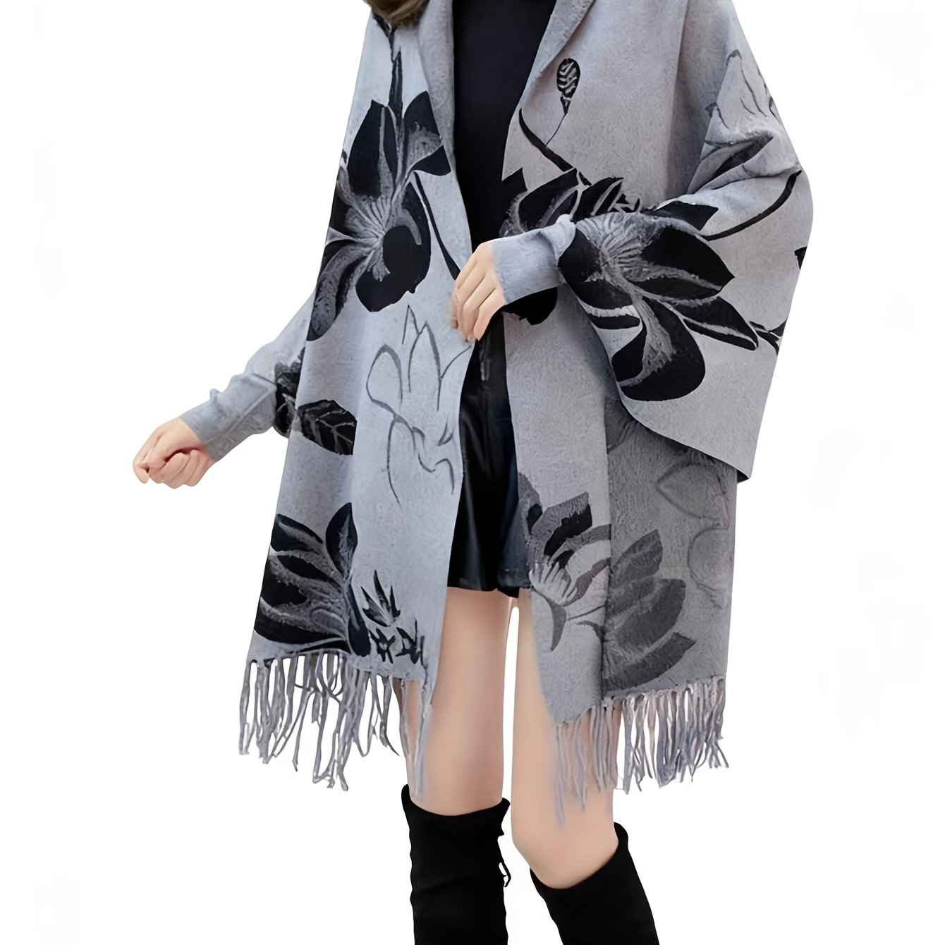 TEMU Plus Size - Plus Size - 2025 New Autumn Winter Cape Shawl Women's Loose Scarf Thickened Mid-length Tassel All-match Jacquard Cape Coat Outfit