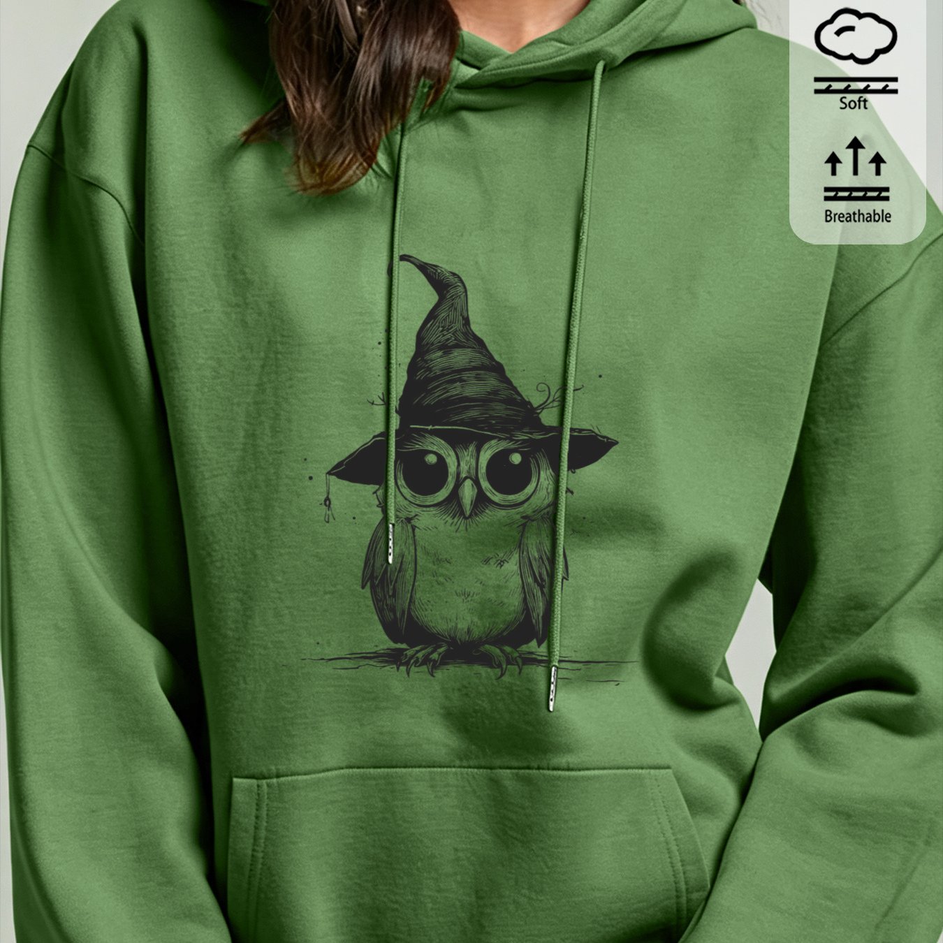 Image of Fall Winter Women's Stylish Drawstring Hoodie, Owl In Hat Print, , Casual Loose-fit Pullover Jacket.