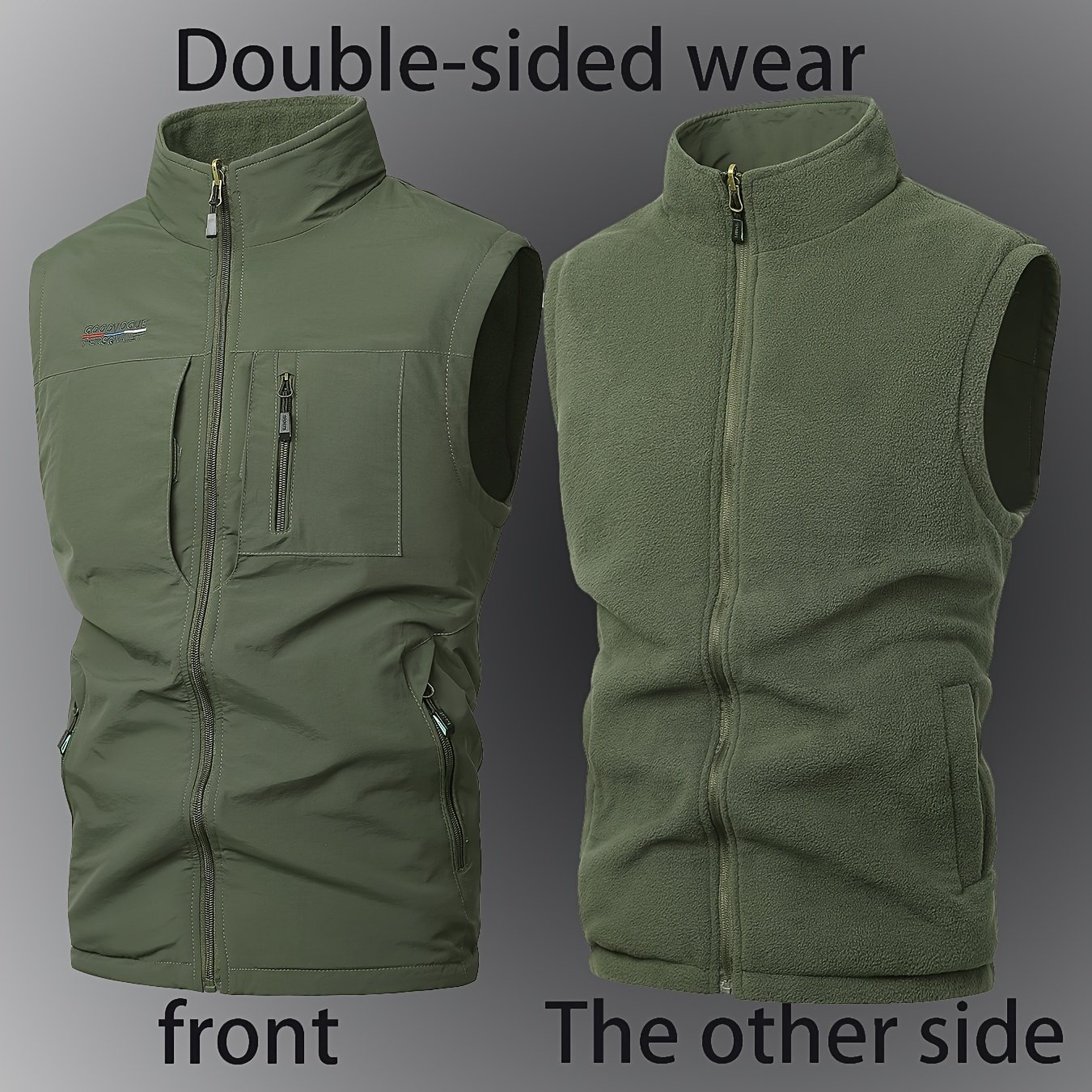 Reversible Fleece Lining Men's Vest For Winter Thickened Men's Waistcoat Stand Collar Fishing Gear Multi-pocket Vest, Wash Label Inside Pocket