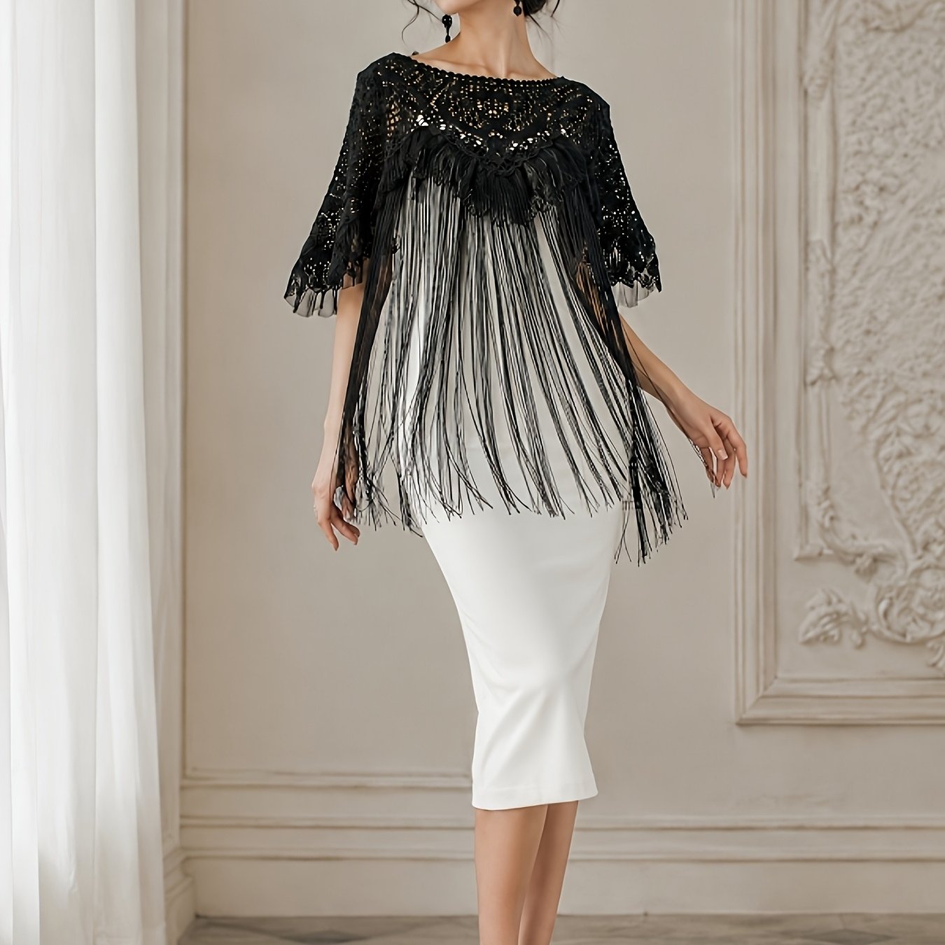 TEMU . Elegant Black Lace Shawl Cape Cover Up - Hollow Out Tassel Cape Suitable For Evening Dresses, Wedding Guest Robe, -line Sleeveless Cape With