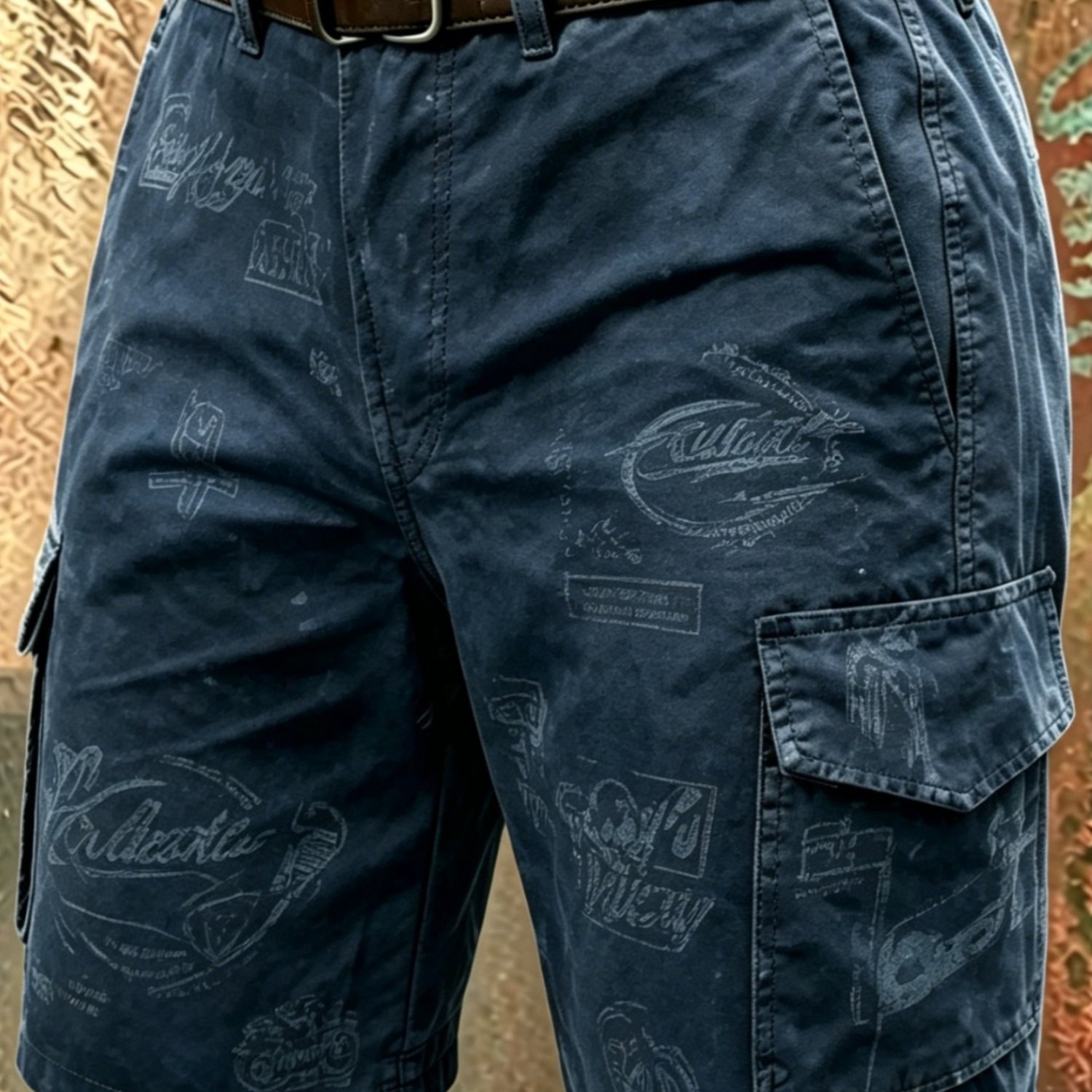 Image of 1pc Men's Vintage Denim Washed Graffiti Logo Print Cargo Shorts, Retro Streetwear Style, Casual Multi- Shorts, Breathable Fabric For Urban Fashion, Daily Wear And Weekend Trips