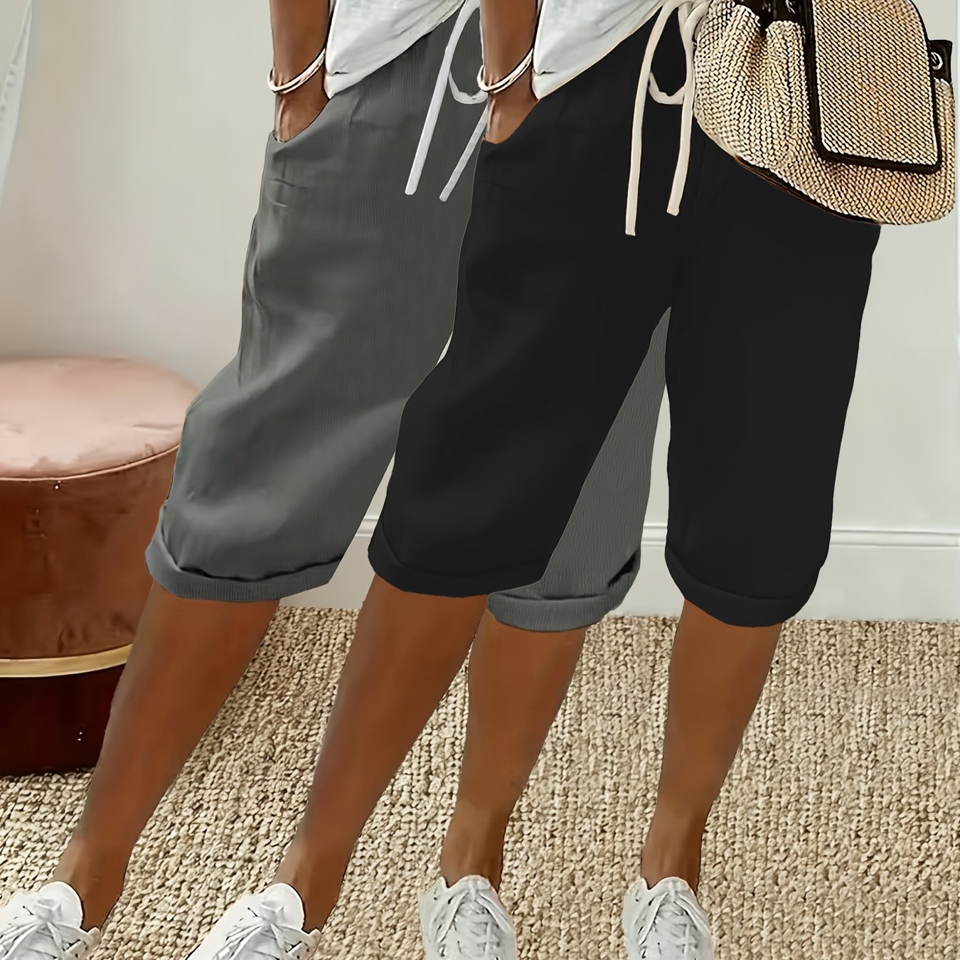 TEMU -tone Mixed Pack Women's Capri Pants With Elastic Waist, Diagonal Side Pockets, Drawstring, And True Turned-up Hem