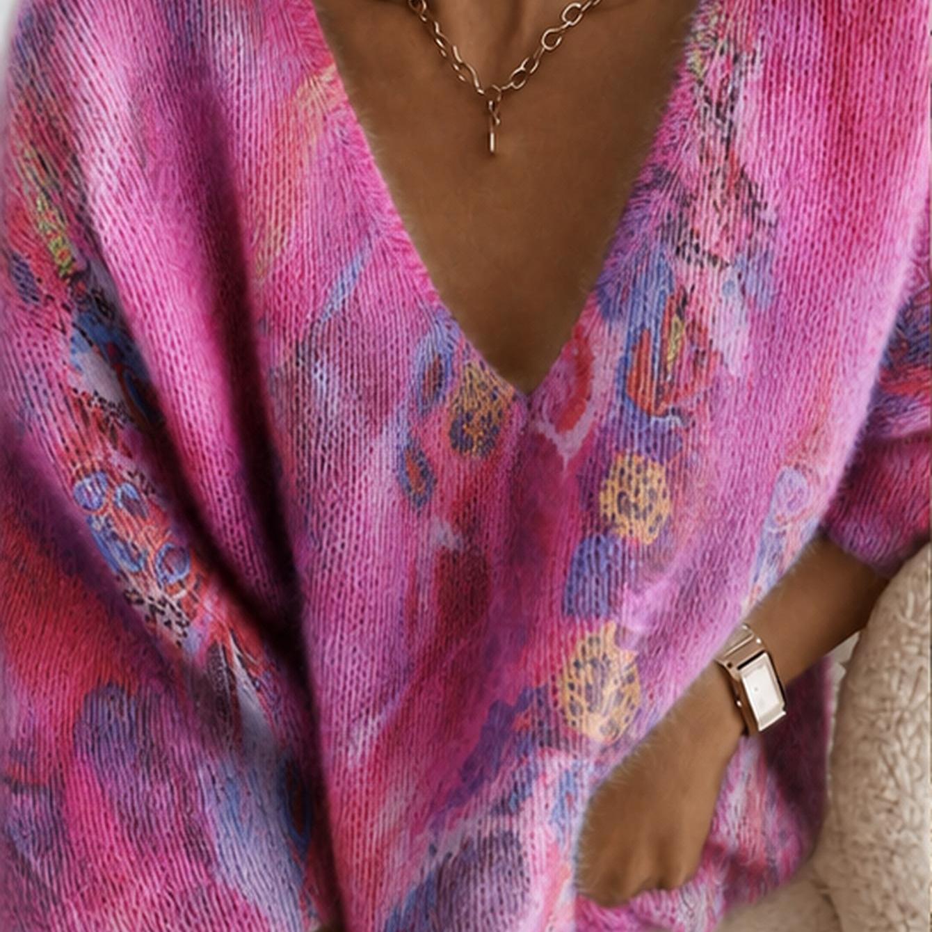Image of Plus Size Women's Sexy V-neck Sweater, Abstract Print Loose Fit Long Sleeve Pullover In Soft Pink Floral Style For Fall/winter 2026, Sweet Casual Layering Top