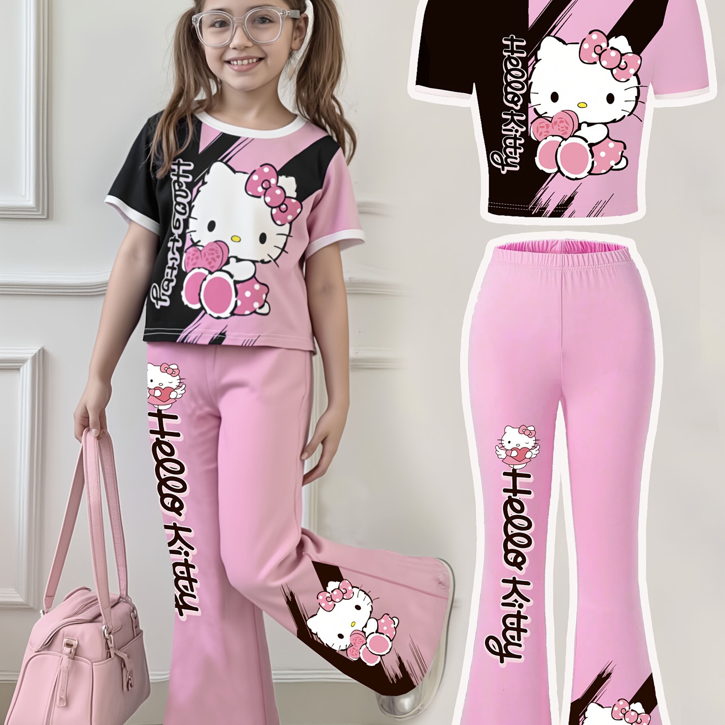 Image of Hellokitty Girls' Heart Bow Short Top Crew Neck T-shirt + Slim Fit Flared Pants Two-piece Set, For Outdoor