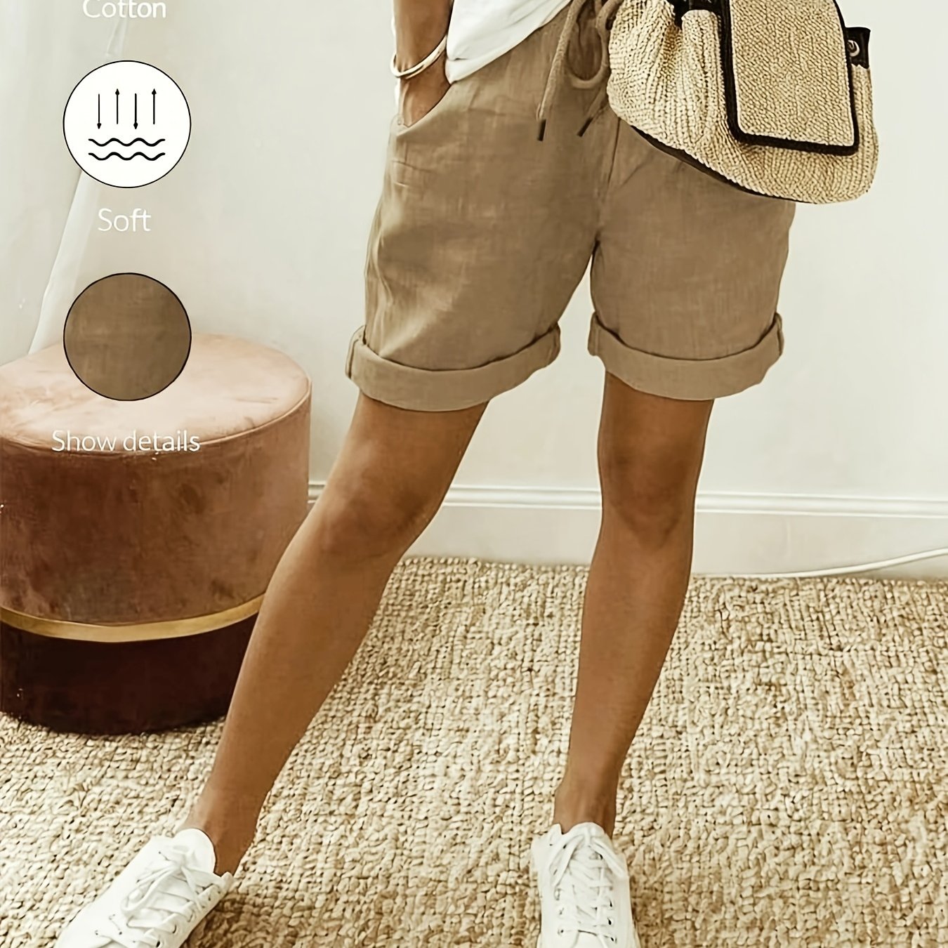 Image of Women' Color Stretch Waistband Drawstring Hem Casual Pocket Shorts, Soft And Breathable, Suitable For Daily And Vacations