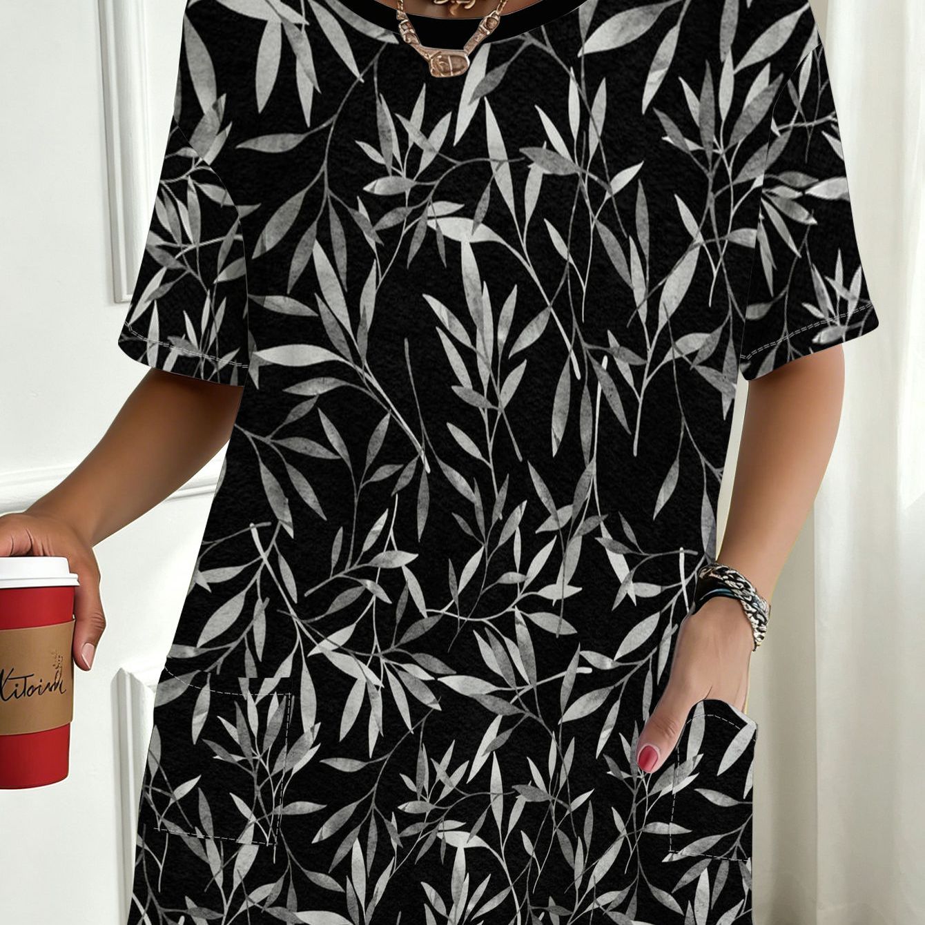 TEMU With Silver Leaf Pattern, Loose Fit, , Suitable For Daily Commuting, Casual Gatherings, Beach Vacation, , Gift, Versatile And Breathable