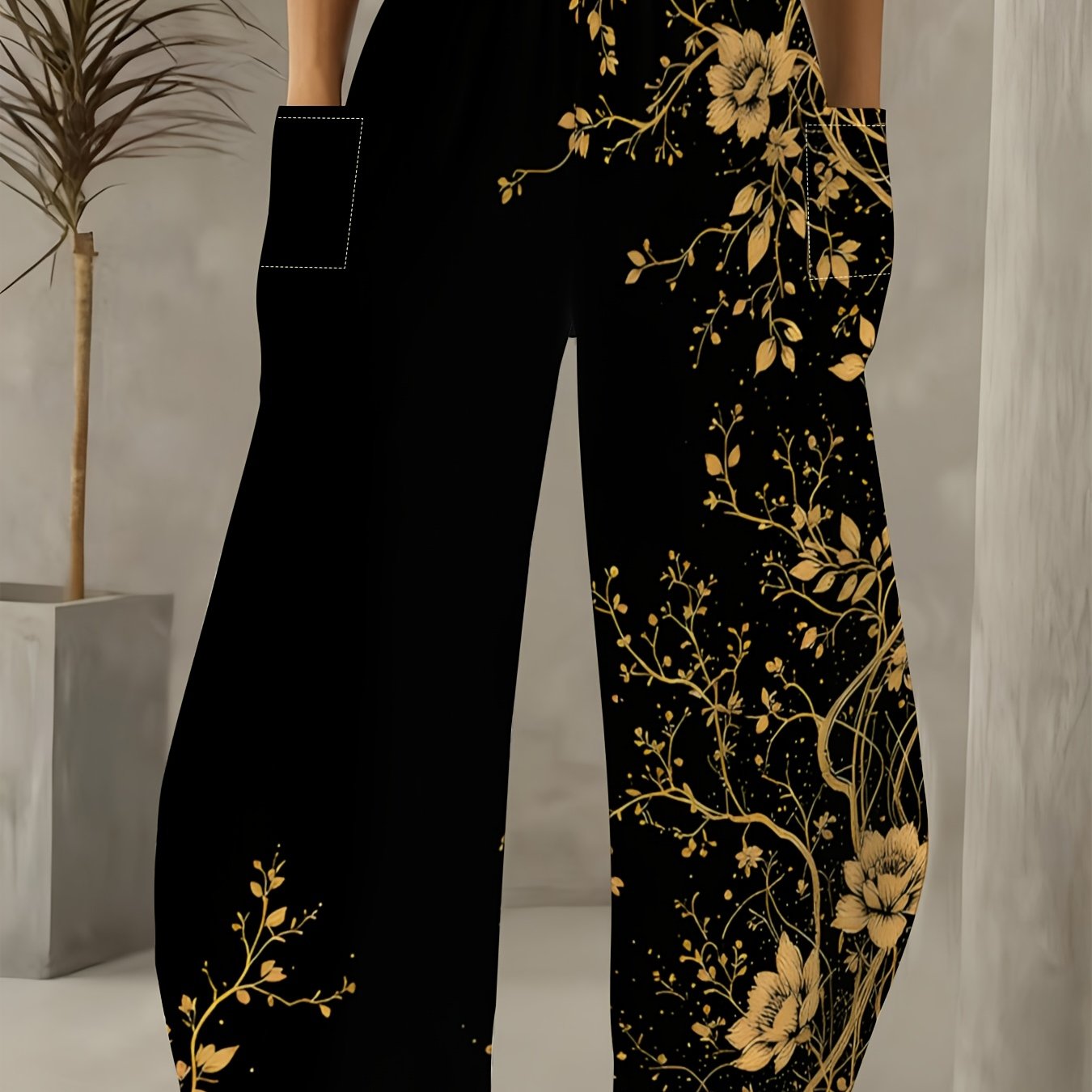 TEMU Plus Size, Women's Casual Wide-leg Pants With Vintage Floral Prints, Elegant And Delicate. Elastic Waist, Loose And Draping, Practical Side