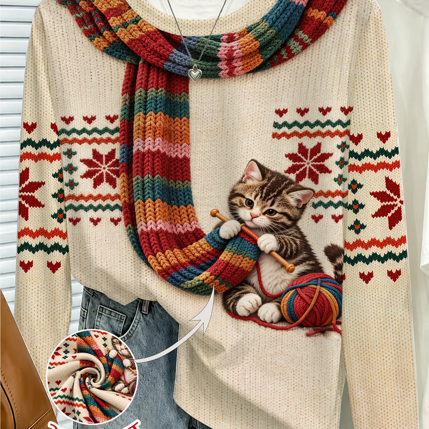 TEMU 2d Printed Non-realistic Texture Women's Long Sleeve Round Neck Top, Cute Cat Scarf Creative Print, Retro Christmas Pattern, Loose Regular