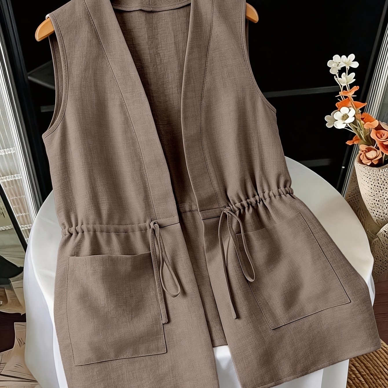 TEMU Women's Elegant Easy Solid Color Open Front Blazer, Waist-defining Elastic Waistband, Tummy Control Casual All-match Outer Vest Suitable For