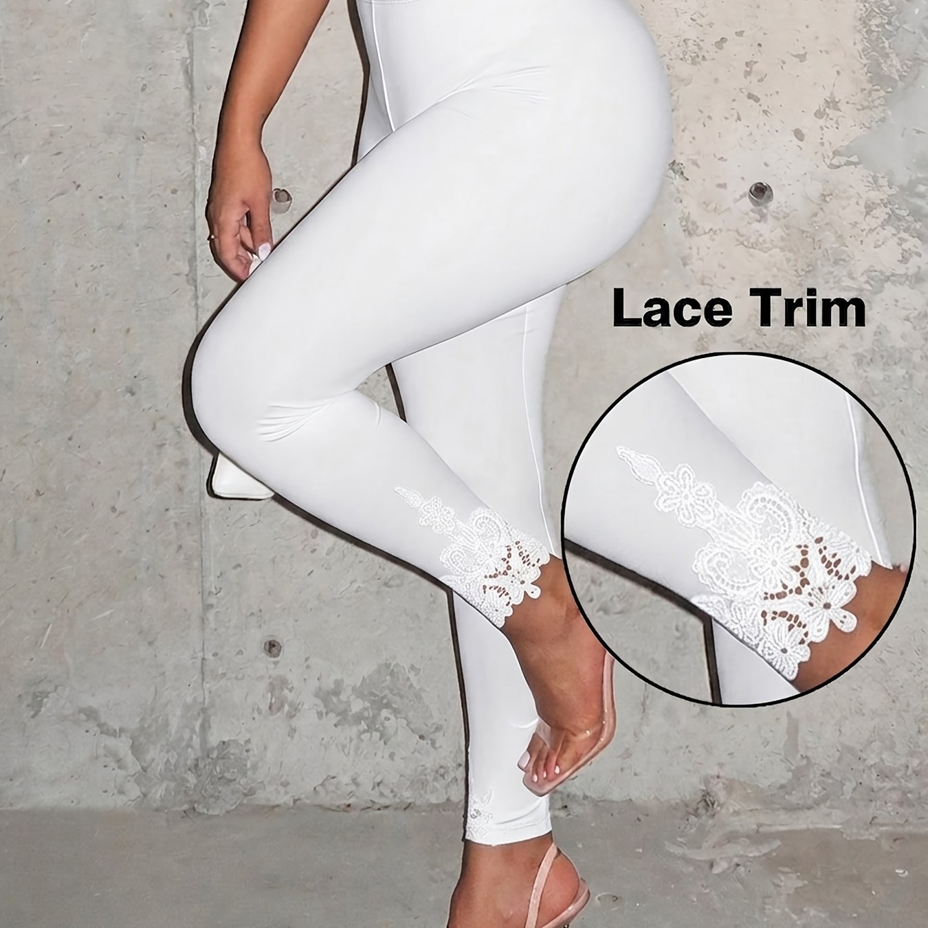 E-shop Elegante, hautnahe Leggings in Übergröße für Damen, einfarbig, mit hoher Taille, Spitzenbesatz am Saum, Patchwork, aus bequemem Stoff, schmale