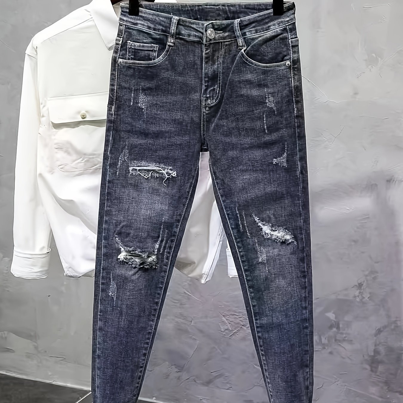 Image of Men's Heavyweight Washed Slim-fit Tapered Ripped Jeans, In Blue-gray Color
