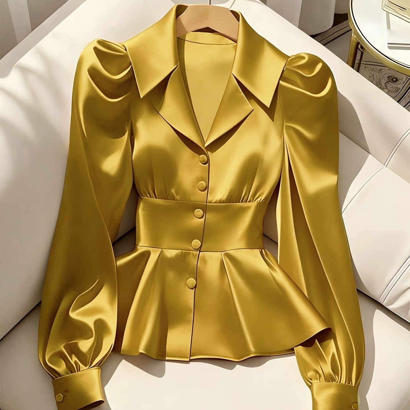 TEMU New Women's Elegant Long-sleeve Top With Front Buttons, Solid Color, Waist-cinching Design, And Notch Lapel. A Four-season Fashionable
